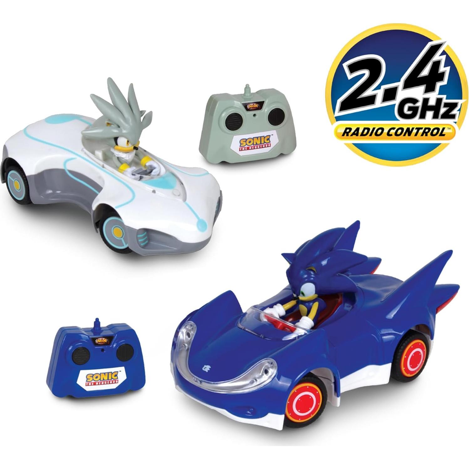 1/28 Scale 2.4GHz RC Sonic 2PK RC Sonic & Silver; Officially Licensed; Full Function Radio Control; Detailed 6.5” Vehicle and Character; Grippy Tires; Adjustable Front Wheels
