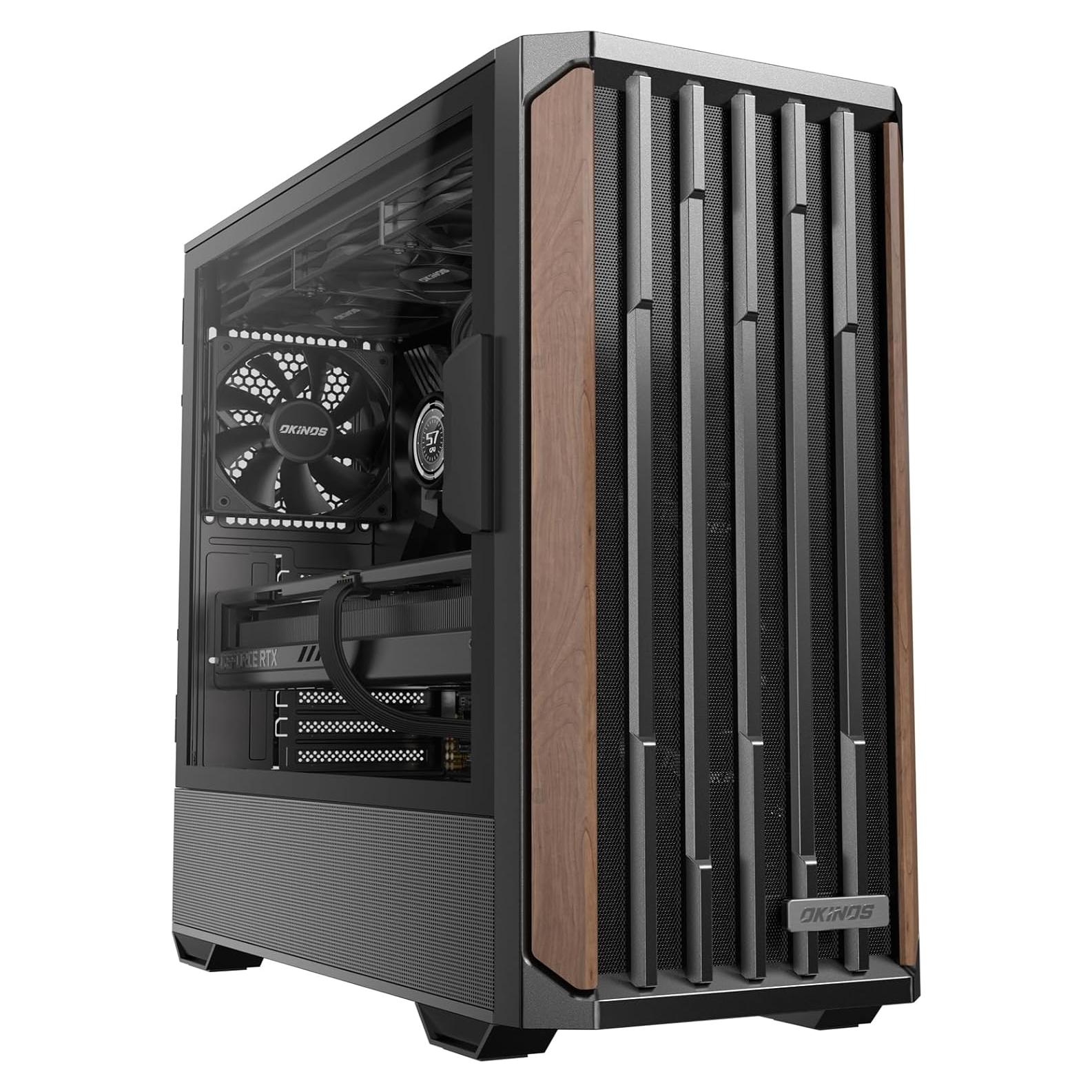 Genuine Walnut Wood PC Case, Support 360mm Radiator on Top, Pre-Installed 4 x 120mm PWM Fans ATX Case, Type-C Port, Magnetic Tempered Glass Side Panel, Black Computer Case, Cypress 7