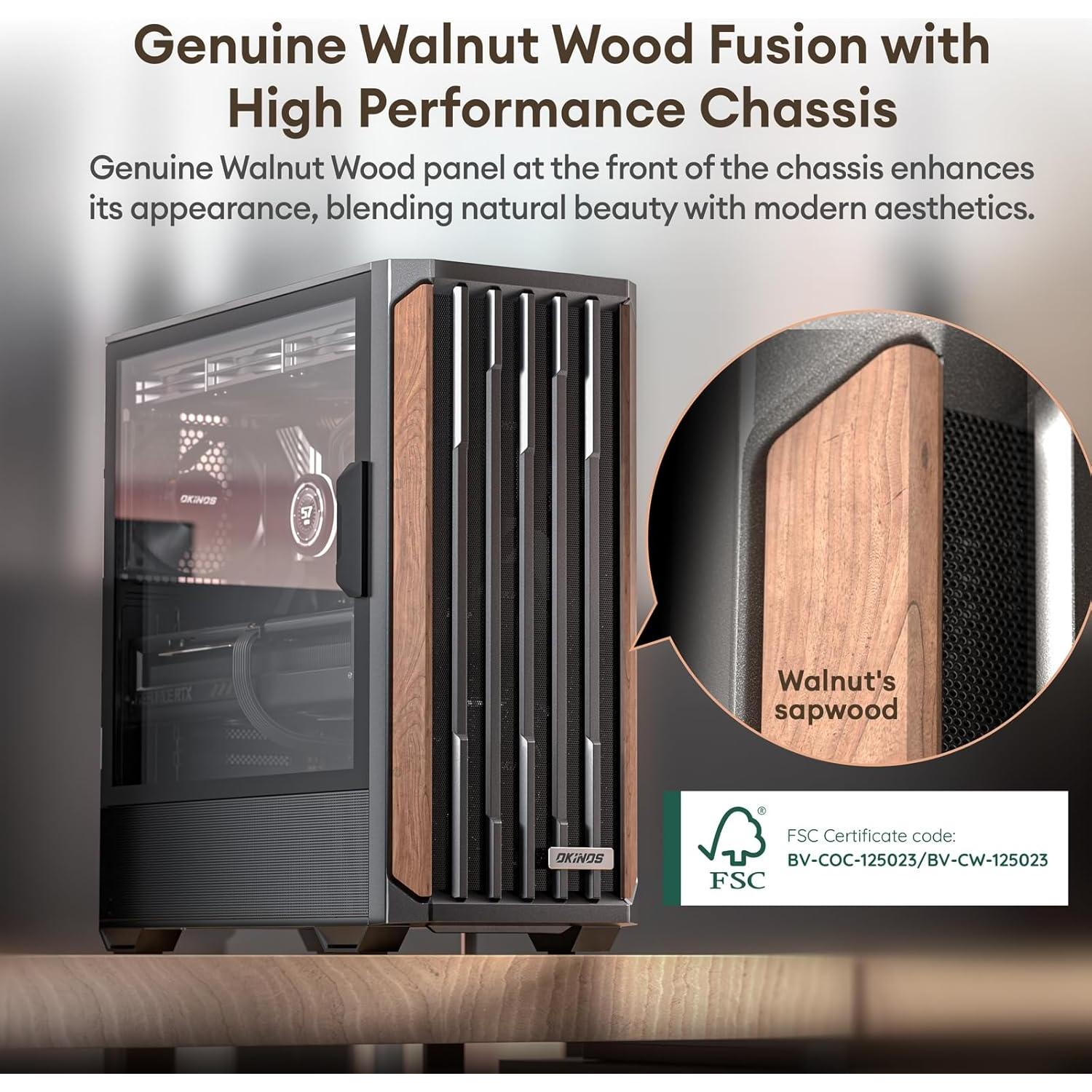 Genuine Walnut Wood PC Case, Support 360mm Radiator on Top, Pre-Installed 4 x 120mm PWM Fans ATX Case, Type-C Port, Magnetic Tempered Glass Side Panel, Black Computer Case, Cypress 7