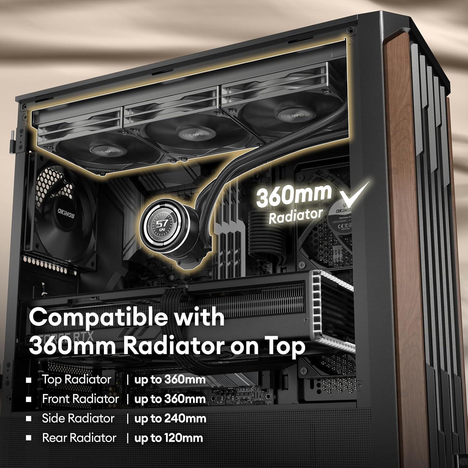 Genuine Walnut Wood PC Case, Support 360mm Radiator on Top, Pre-Installed 4 x 120mm PWM Fans ATX Case, Type-C Port, Magnetic Tempered Glass Side Panel, Black Computer Case, Cypress 7