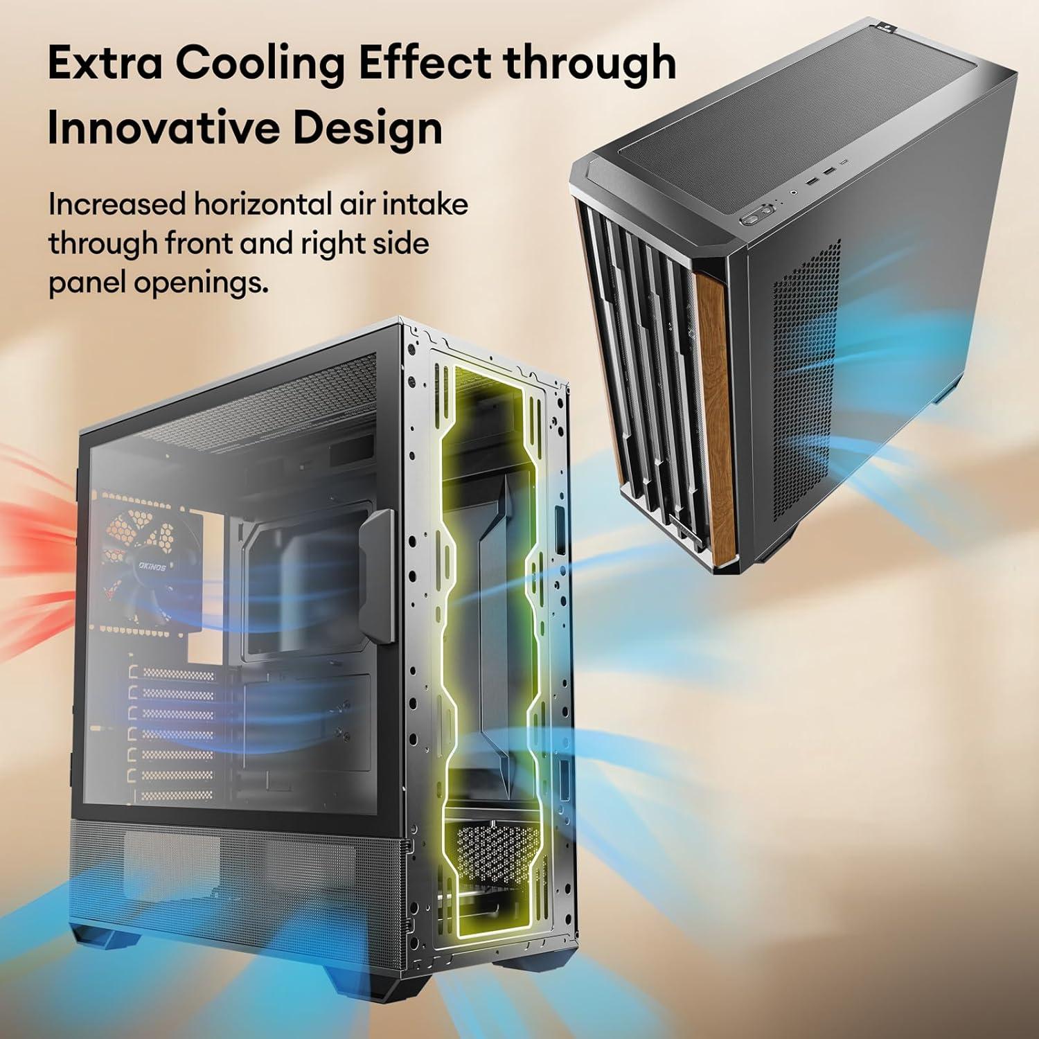 Genuine Walnut Wood PC Case, Support 360mm Radiator on Top, Pre-Installed 4 x 120mm PWM Fans ATX Case, Type-C Port, Magnetic Tempered Glass Side Panel, Black Computer Case, Cypress 7