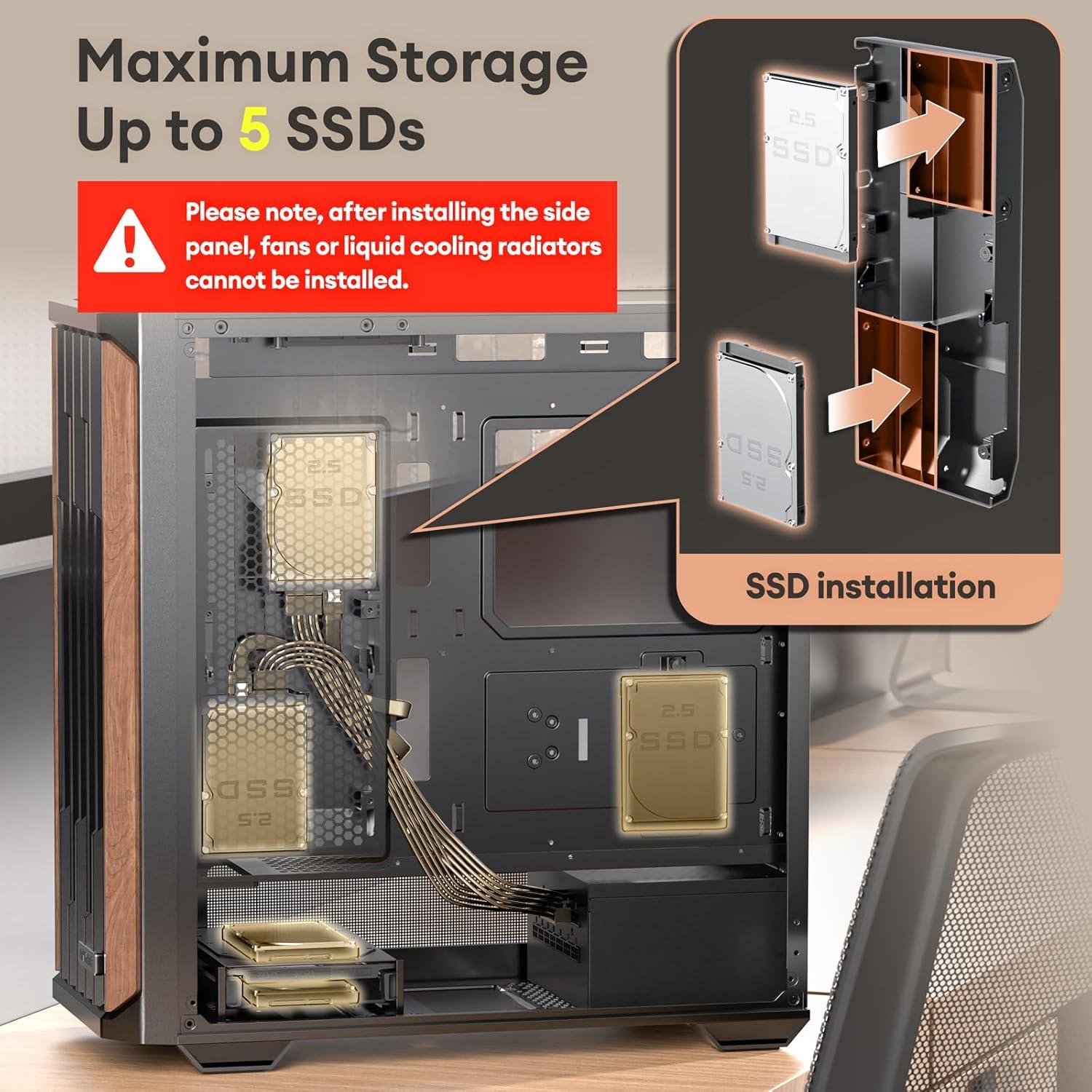 Genuine Walnut Wood PC Case, Support 360mm Radiator on Top, Pre-Installed 4 x 120mm PWM Fans ATX Case, Type-C Port, Magnetic Tempered Glass Side Panel, Black Computer Case, Cypress 7