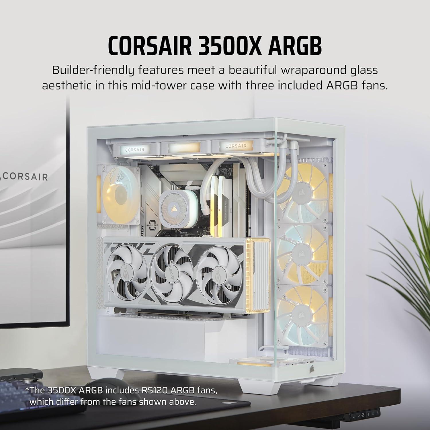 Caja de PC Corsair 3500X ARGB Mid-Tower ATX - Vidrio Templado - 3 Ventiladores Incluidos - Blanco