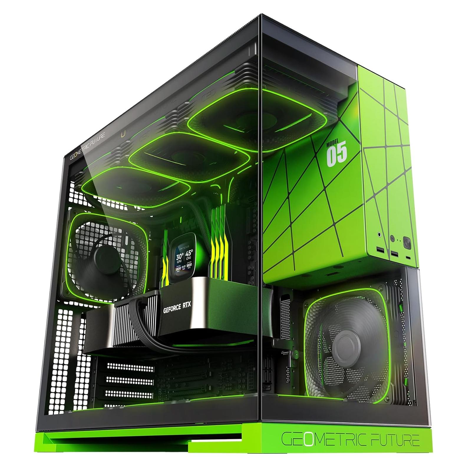 Geometric Future M5 Tempered Glass Mid Tower, E-ATX/ATX Gaming Case, 1.2mm Steel, Type C, Toolless Panels, Support 420/360 Radiator, ARGB PWM 140m Fan x 5 Pre-Installed, Black/Green, GEO-M5F-BNY