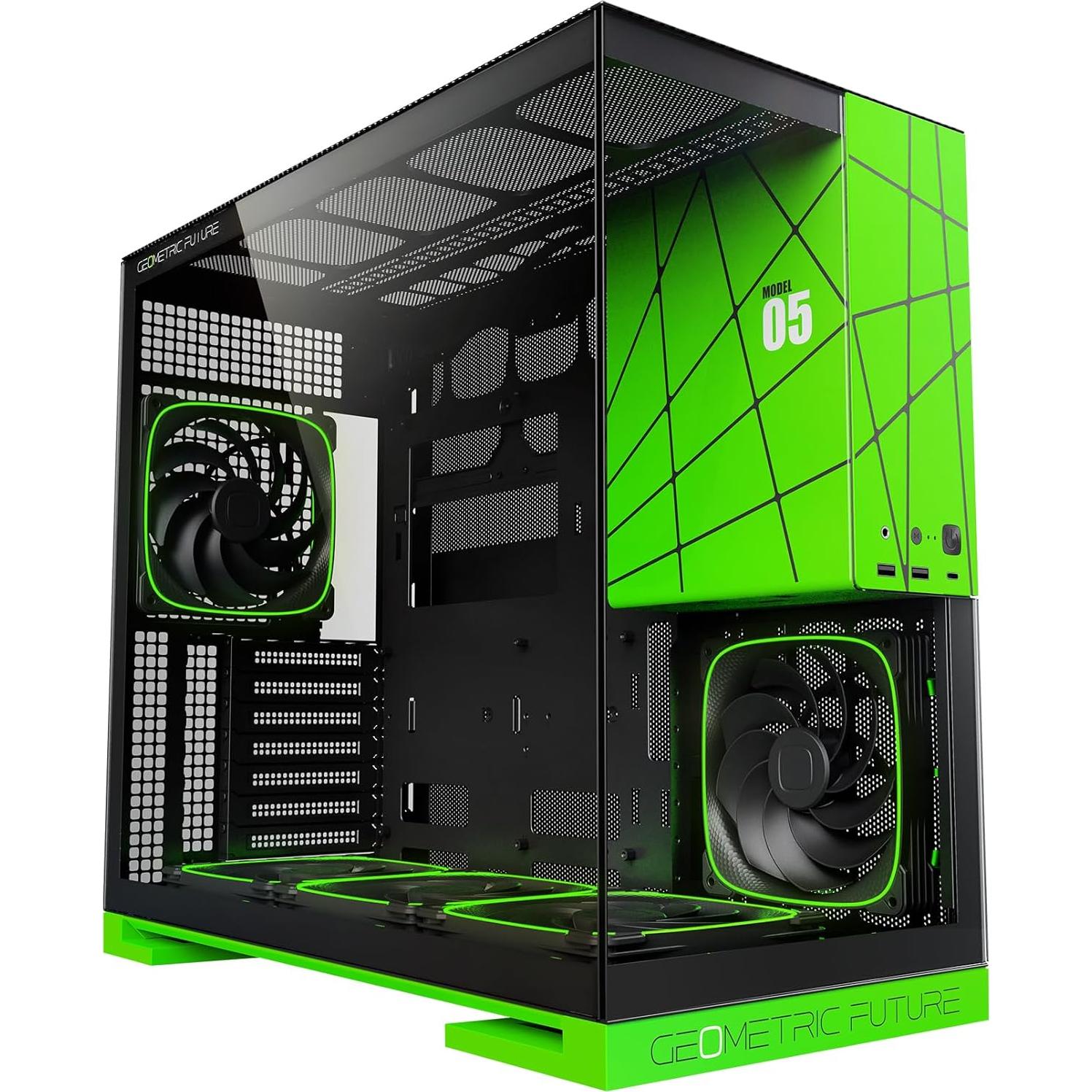 Geometric Future M5 Tempered Glass Mid Tower, E-ATX/ATX Gaming Case, 1.2mm Steel, Type C, Toolless Panels, Support 420/360 Radiator, ARGB PWM 140m Fan x 5 Pre-Installed, Black/Green, GEO-M5F-BNY