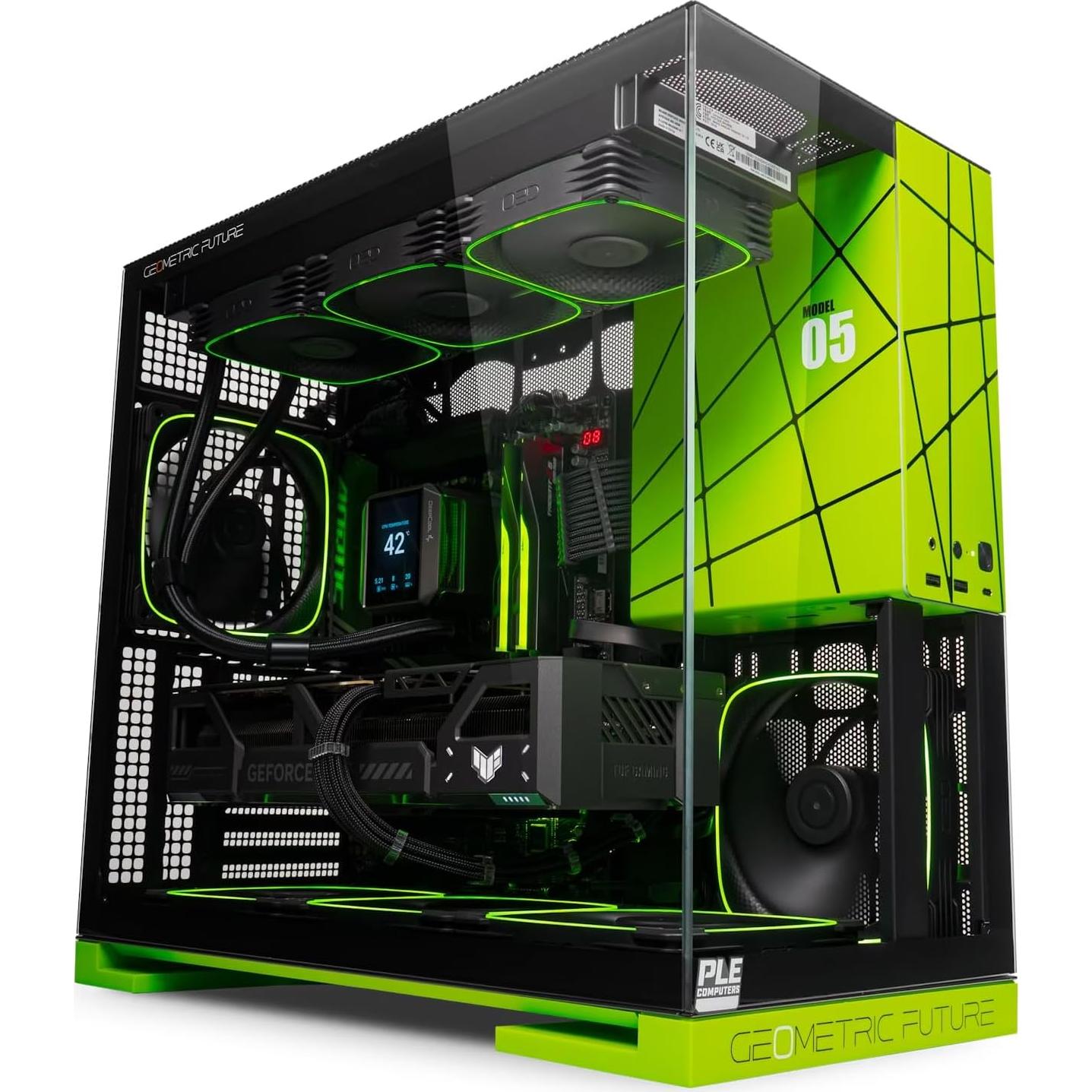 Geometric Future M5 Tempered Glass Mid Tower, E-ATX/ATX Gaming Case, 1.2mm Steel, Type C, Toolless Panels, Support 420/360 Radiator, ARGB PWM 140m Fan x 5 Pre-Installed, Black/Green, GEO-M5F-BNY