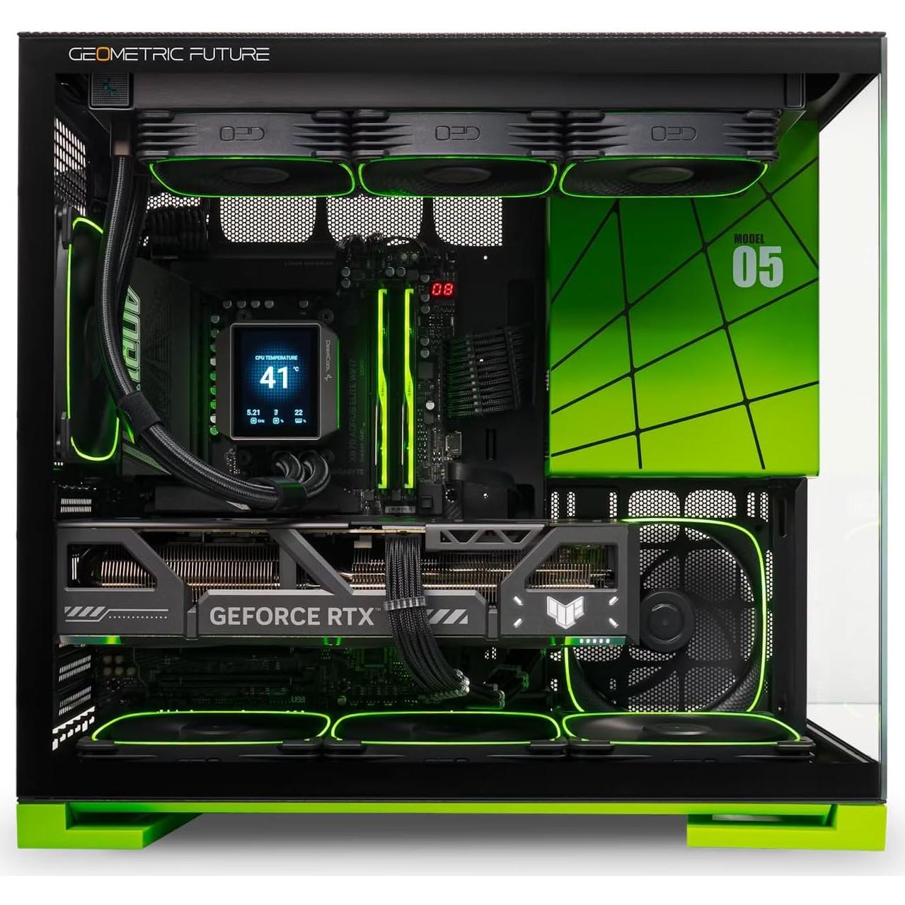 Geometric Future M5 Tempered Glass Mid Tower, E-ATX/ATX Gaming Case, 1.2mm Steel, Type C, Toolless Panels, Support 420/360 Radiator, ARGB PWM 140m Fan x 5 Pre-Installed, Black/Green, GEO-M5F-BNY