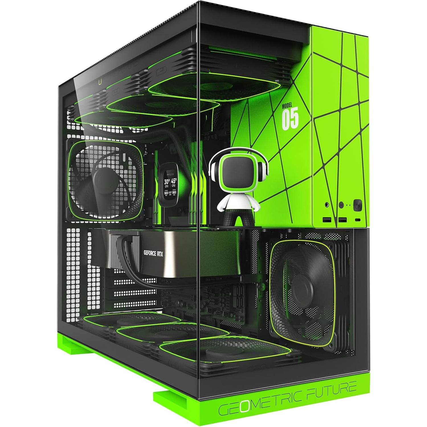 Geometric Future M5 Tempered Glass Mid Tower, E-ATX/ATX Gaming Case, 1.2mm Steel, Type C, Toolless Panels, Support 420/360 Radiator, ARGB PWM 140m Fan x 5 Pre-Installed, Black/Green, GEO-M5F-BNY