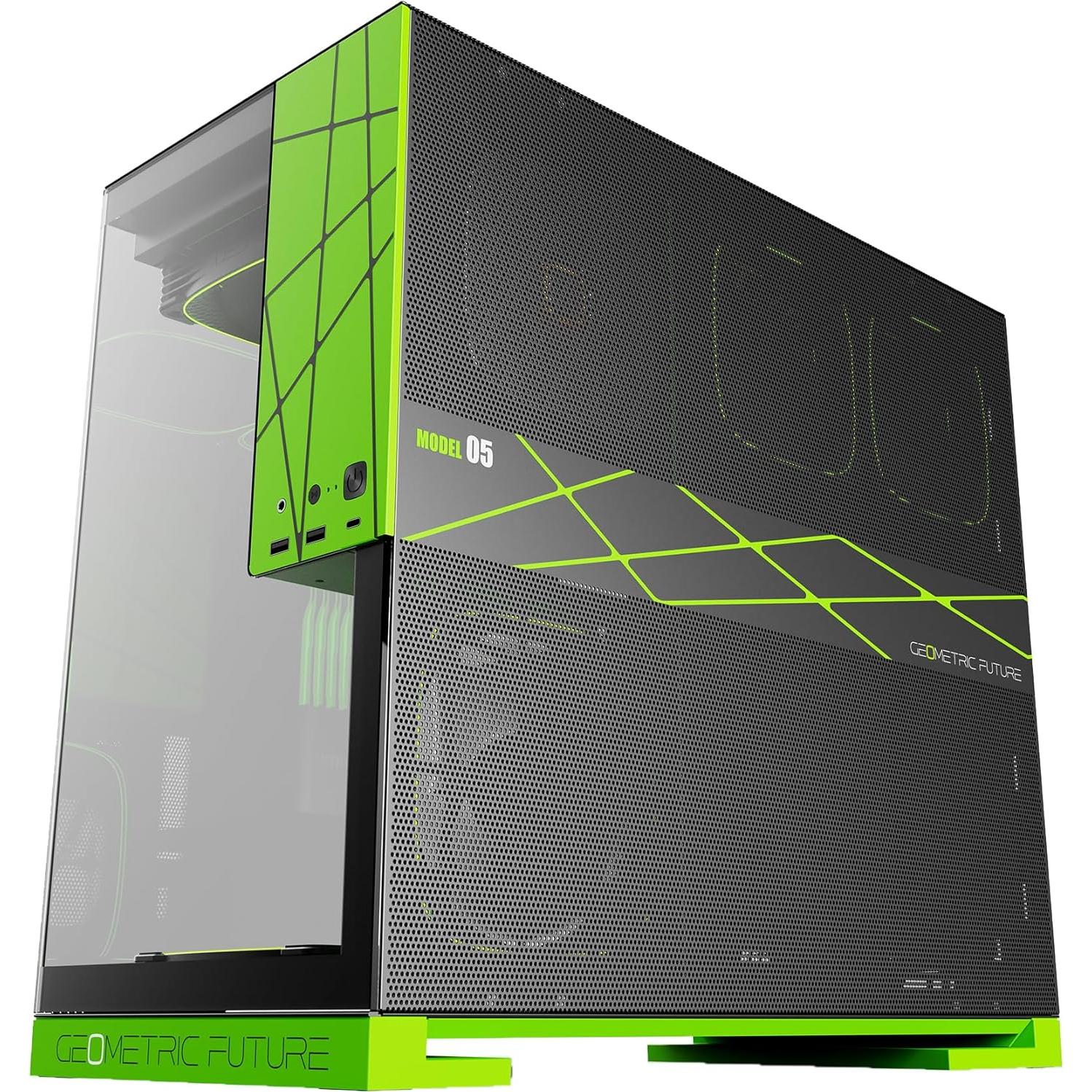 Geometric Future M5 Tempered Glass Mid Tower, E-ATX/ATX Gaming Case, 1.2mm Steel, Type C, Toolless Panels, Support 420/360 Radiator, ARGB PWM 140m Fan x 5 Pre-Installed, Black/Green, GEO-M5F-BNY