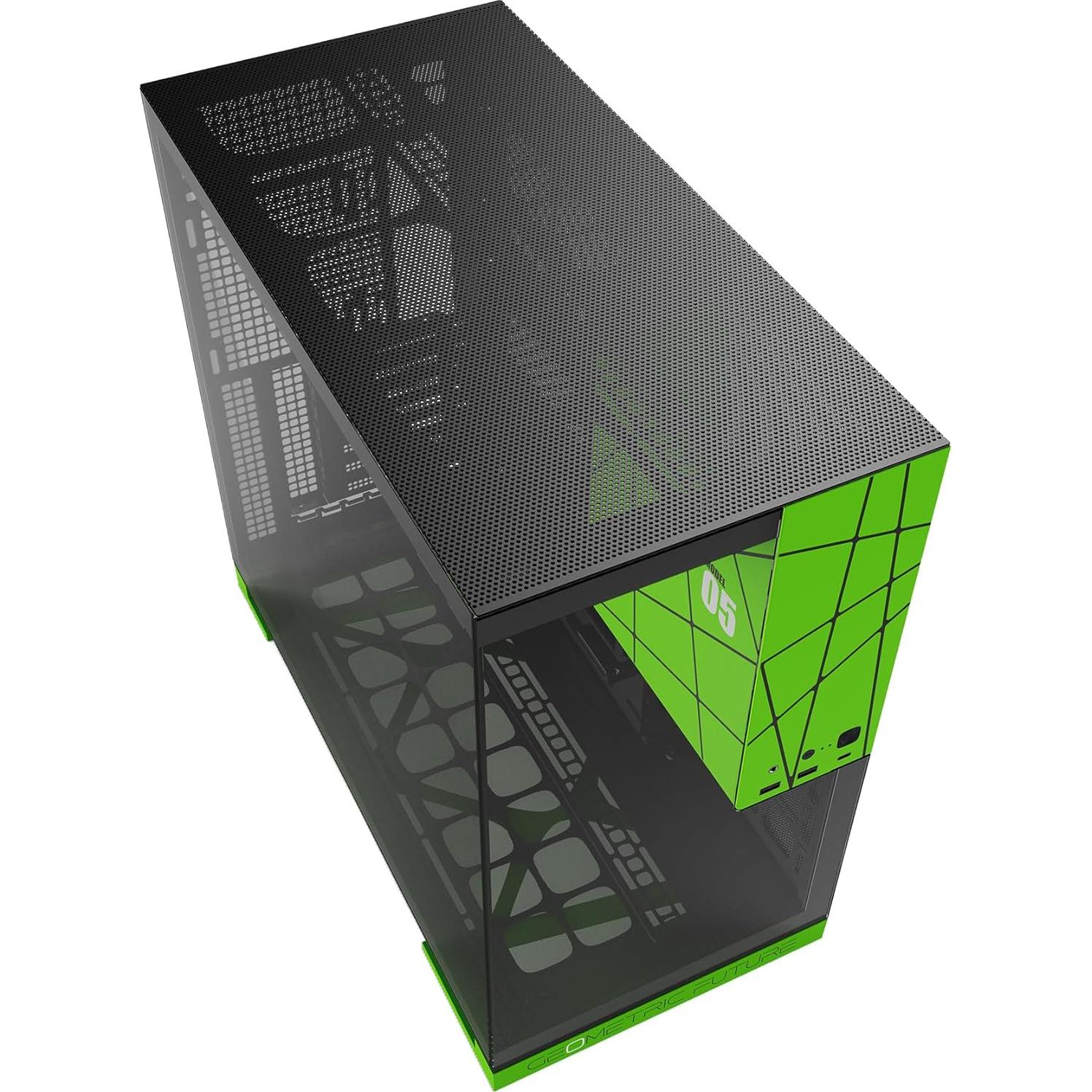 Geometric Future M5 Tempered Glass Mid Tower, E-ATX/ATX Gaming Case, 1.2mm Steel, Type C, Toolless Panels, Support 420/360 Radiator, ARGB PWM 140m Fan x 5 Pre-Installed, Black/Green, GEO-M5F-BNY