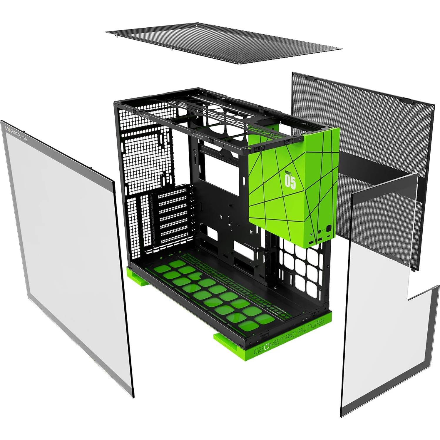 Geometric Future M5 Tempered Glass Mid Tower, E-ATX/ATX Gaming Case, 1.2mm Steel, Type C, Toolless Panels, Support 420/360 Radiator, ARGB PWM 140m Fan x 5 Pre-Installed, Black/Green, GEO-M5F-BNY