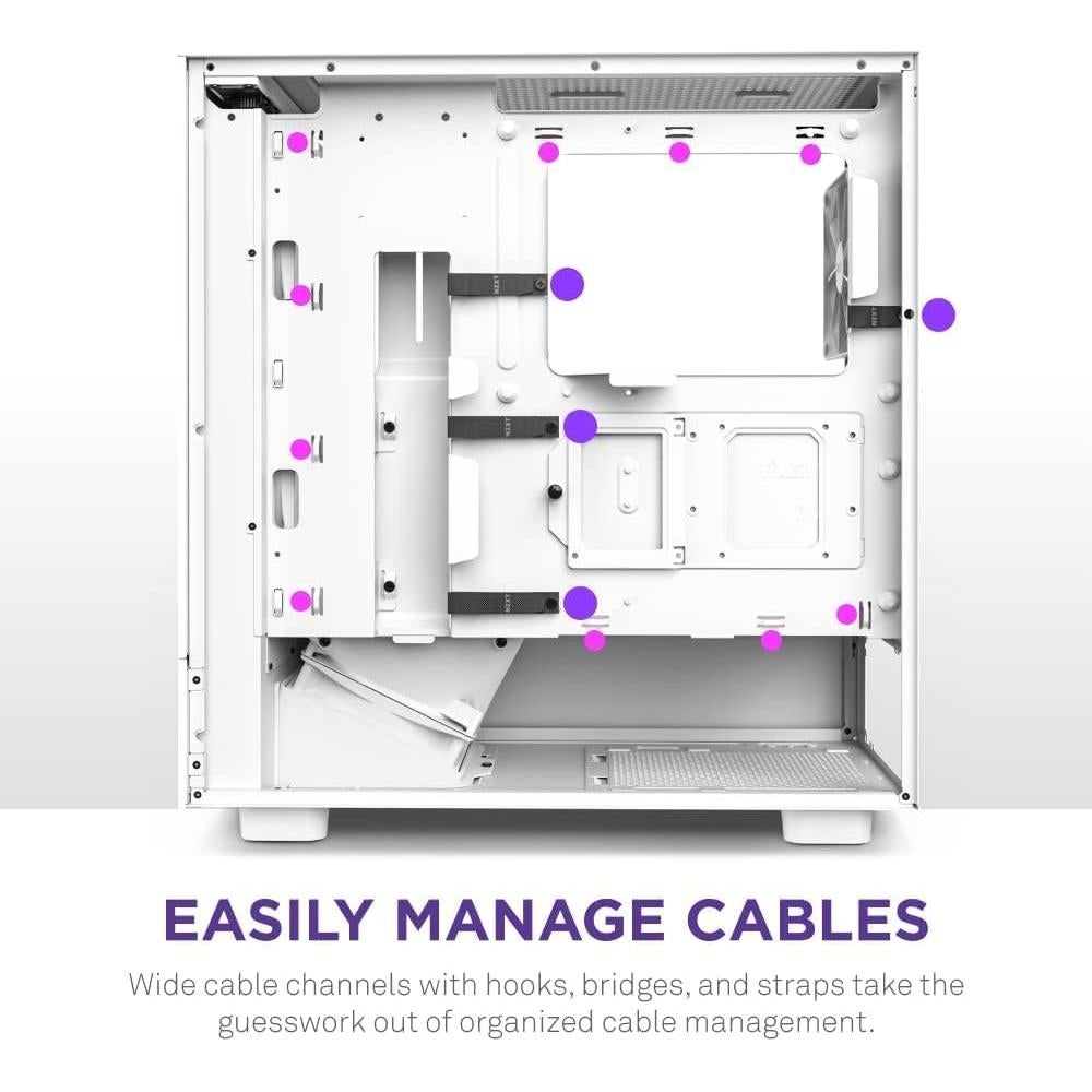 NZXT H5 Flow Compact ATX Mid-Tower PC Gaming Case – High Airflow Perforated Front and Tempered Glass Side Panel – Cable Management – 2 x 120mm Fans Included – 280mm Radiator Support – White