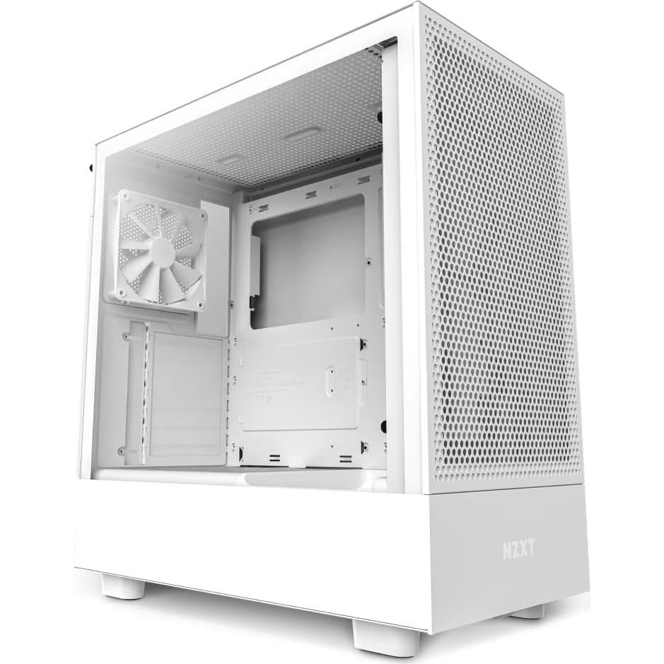 NZXT H5 Flow Compact ATX Mid-Tower PC Gaming Case – High Airflow Perforated Front and Tempered Glass Side Panel – Cable Management – 2 x 120mm Fans Included – 280mm Radiator Support – White