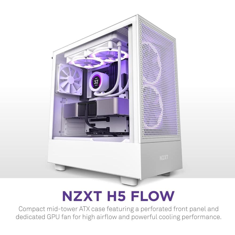 NZXT H5 Flow Compact ATX Mid-Tower PC Gaming Case – High Airflow Perforated Front and Tempered Glass Side Panel – Cable Management – 2 x 120mm Fans Included – 280mm Radiator Support – White