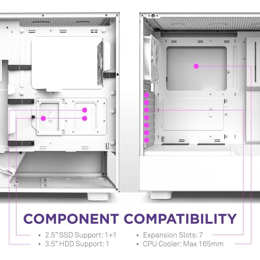 NZXT H5 Flow Compact ATX Mid-Tower PC Gaming Case – High Airflow Perforated Front and Tempered Glass Side Panel – Cable Management – 2 x 120mm Fans Included – 280mm Radiator Support – White
