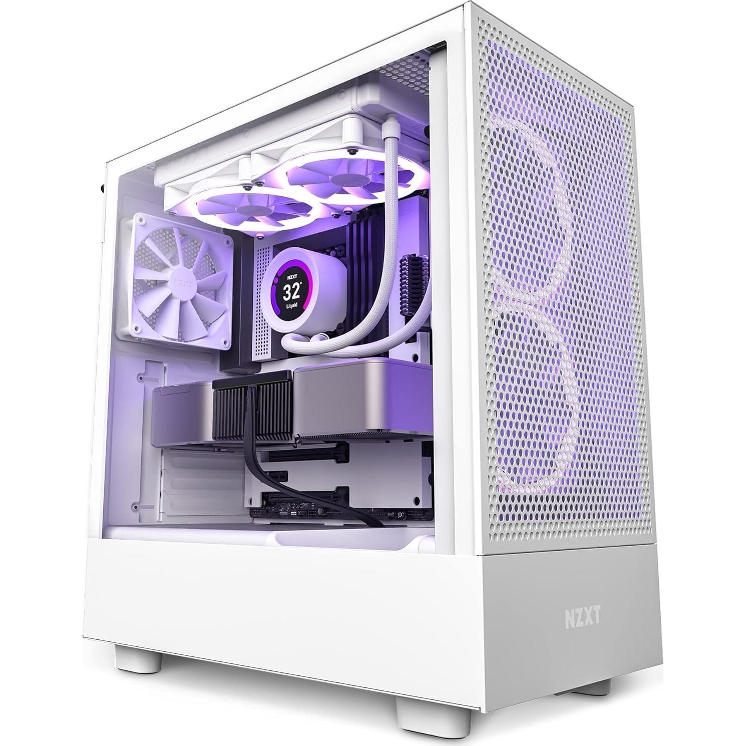 NZXT H5 Flow Compact ATX Mid-Tower PC Gaming Case – High Airflow Perforated Front and Tempered Glass Side Panel – Cable Management – 2 x 120mm Fans Included – 280mm Radiator Support – White