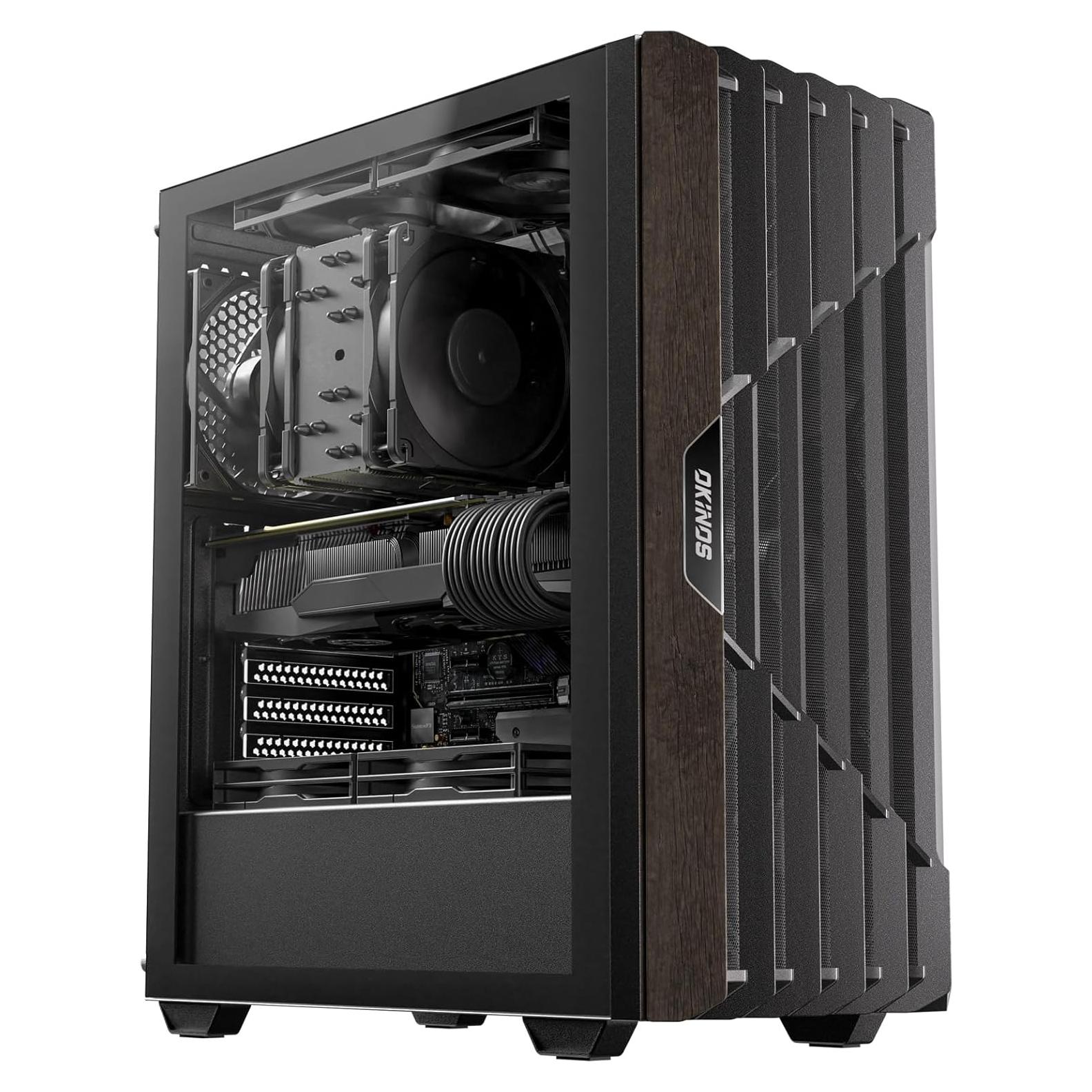Oak Wood ATX PC Case, 4 x 120mm 3 Pin Non-PWM Case Fans Pre-Installed, Type-C Port, Tempered Glass Side Panel, Black Mid-Tower Computer Case, Cypress 5 AIR