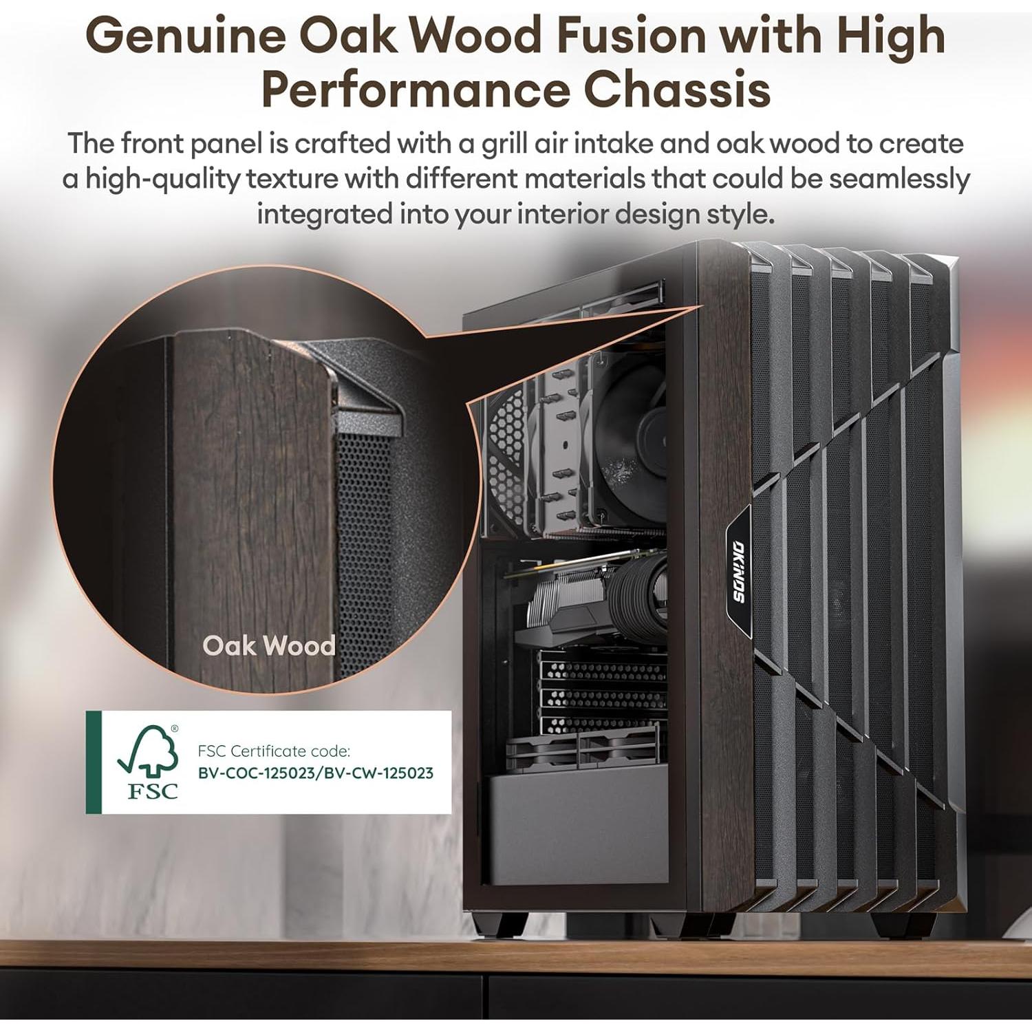 Oak Wood ATX PC Case, 4 x 120mm 3 Pin Non-PWM Case Fans Pre-Installed, Type-C Port, Tempered Glass Side Panel, Black Mid-Tower Computer Case, Cypress 5 AIR