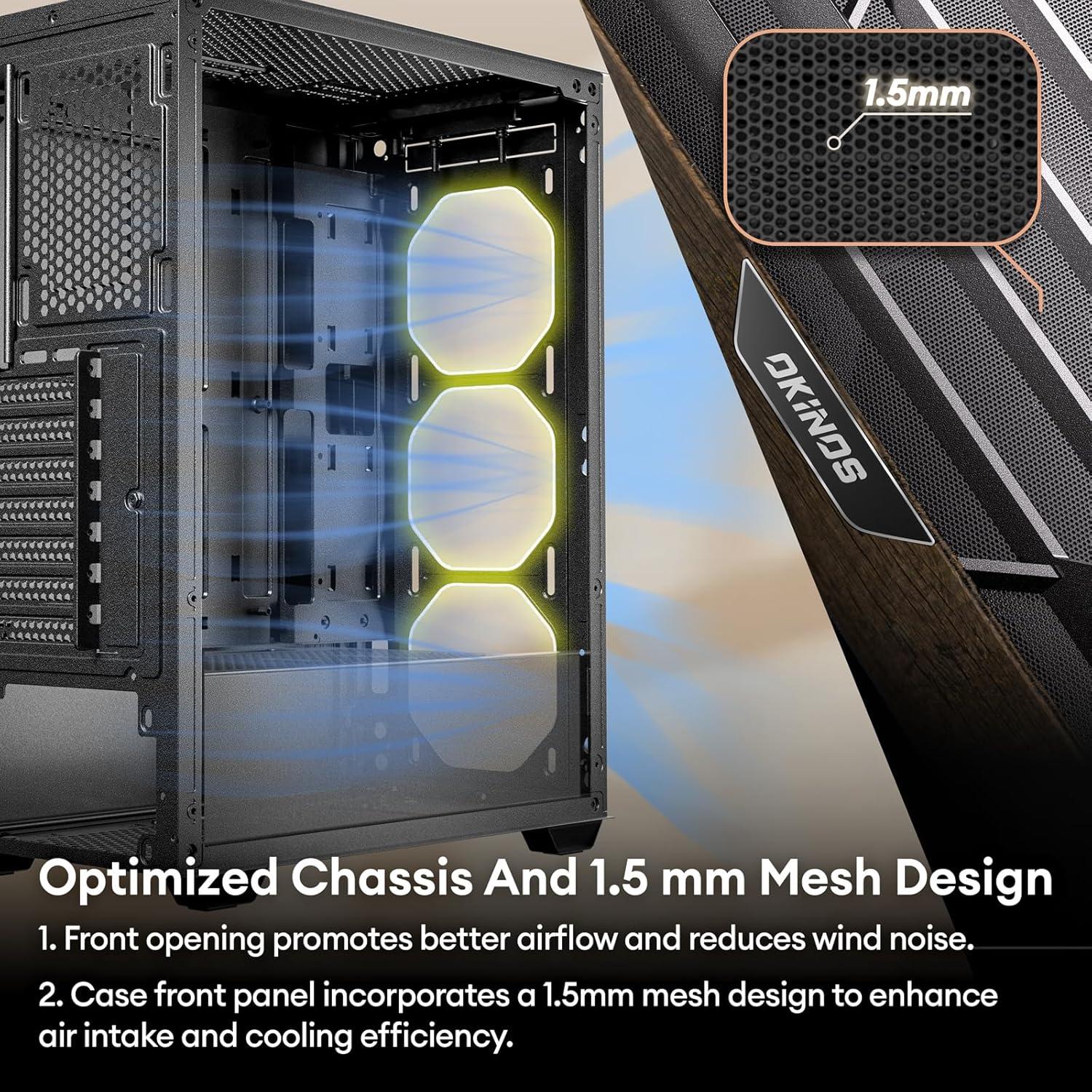 Oak Wood ATX PC Case, 4 x 120mm 3 Pin Non-PWM Case Fans Pre-Installed, Type-C Port, Tempered Glass Side Panel, Black Mid-Tower Computer Case, Cypress 5 AIR