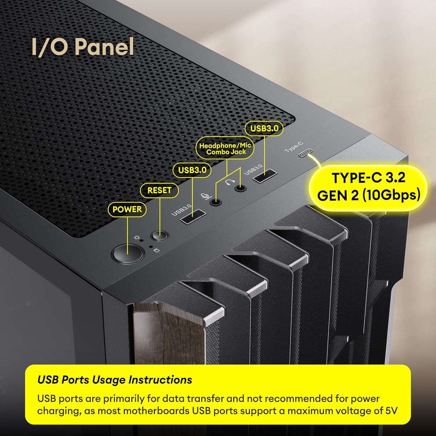 Oak Wood ATX PC Case, 4 x 120mm 3 Pin Non-PWM Case Fans Pre-Installed, Type-C Port, Tempered Glass Side Panel, Black Mid-Tower Computer Case, Cypress 5 AIR