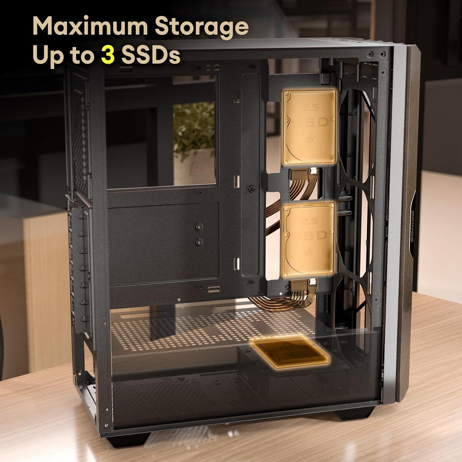 Oak Wood ATX PC Case, 4 x 120mm 3 Pin Non-PWM Case Fans Pre-Installed, Type-C Port, Tempered Glass Side Panel, Black Mid-Tower Computer Case, Cypress 5 AIR