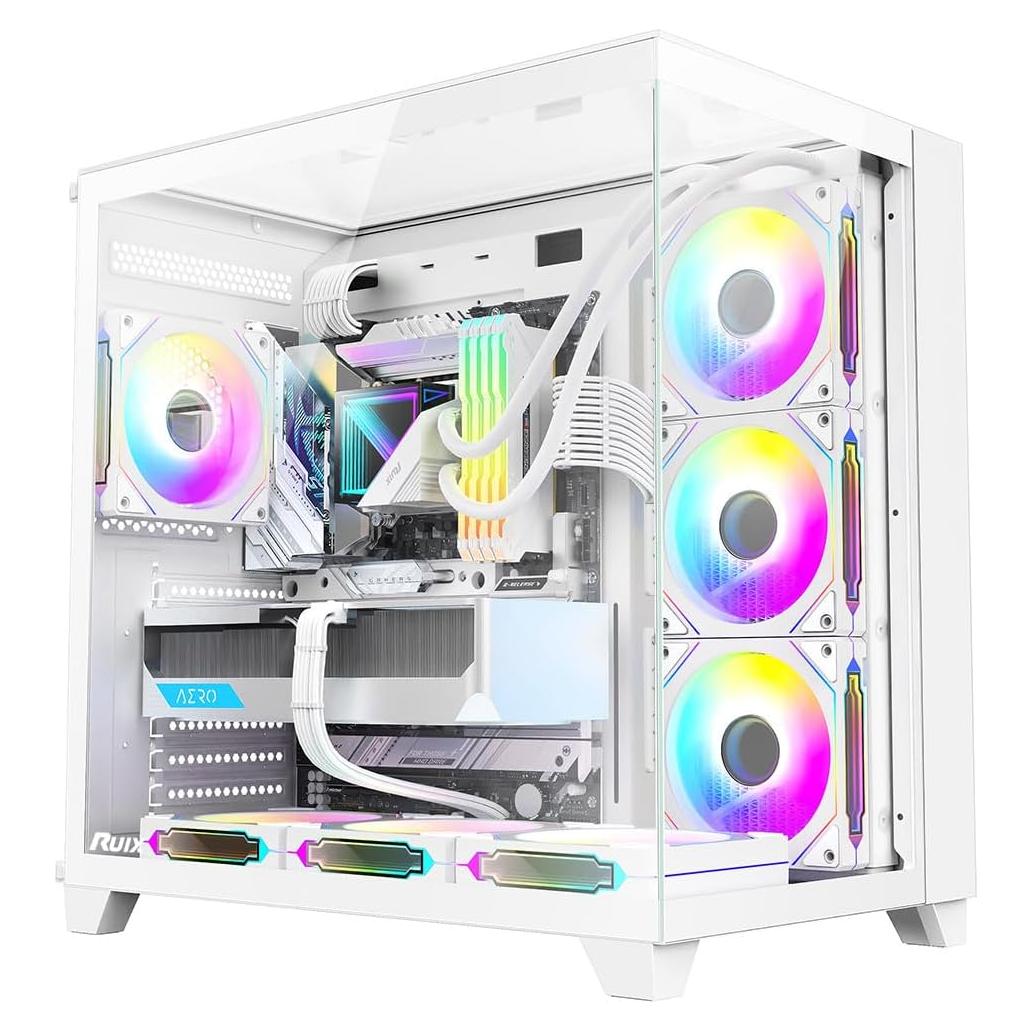 RUIX OV403 ATX Mid-Tower PC Case, Pre-Installed 4 x 120mm Prism ARGB PWM Fans and Graphics Card Holder, Three-Sided Tempered Glass Panels, USB 3.0 & Type-C Ports, Gaming Computer Case - White