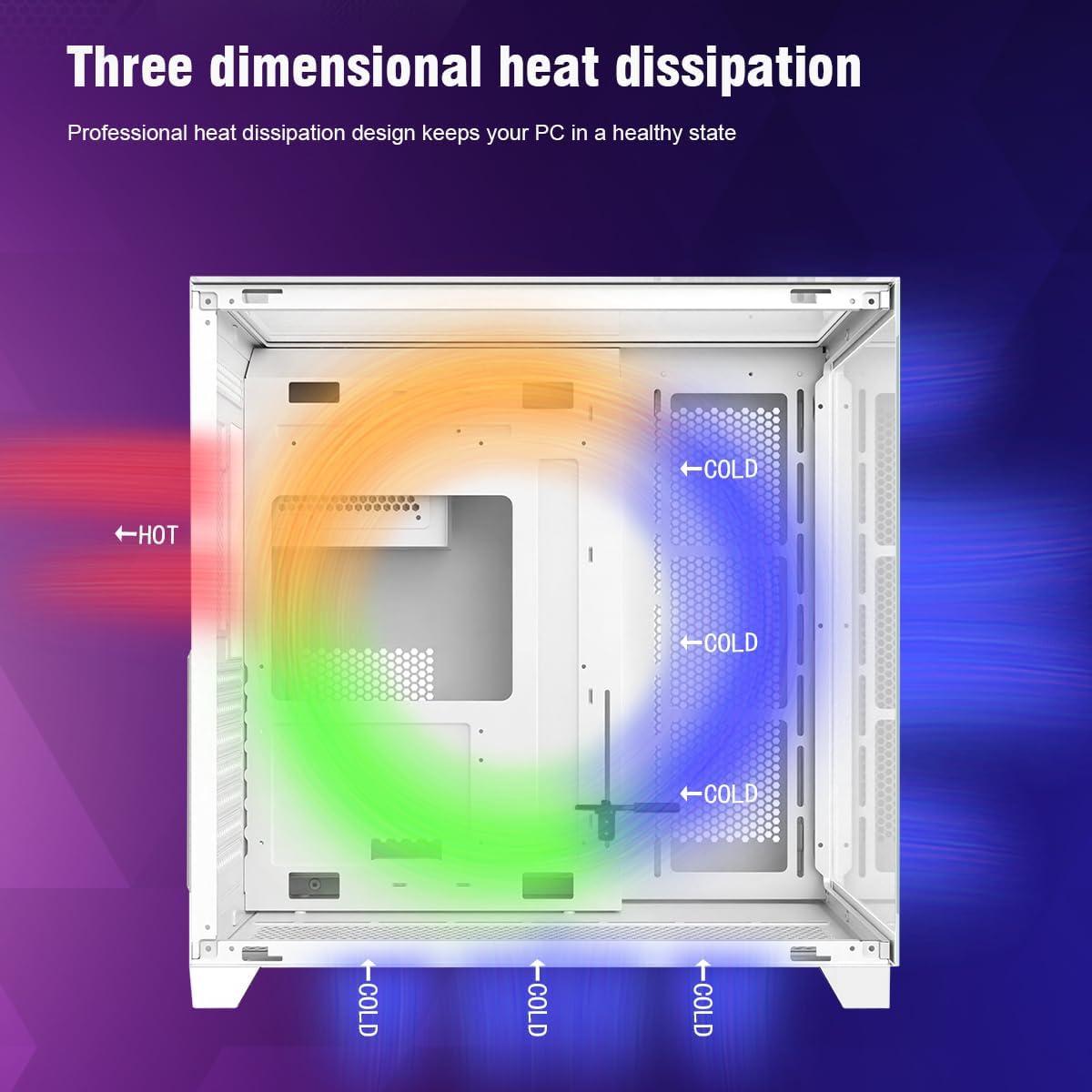 RUIX OV403 ATX Mid-Tower PC Case, Pre-Installed 4 x 120mm Prism ARGB PWM Fans and Graphics Card Holder, Three-Sided Tempered Glass Panels, USB 3.0 & Type-C Ports, Gaming Computer Case - White