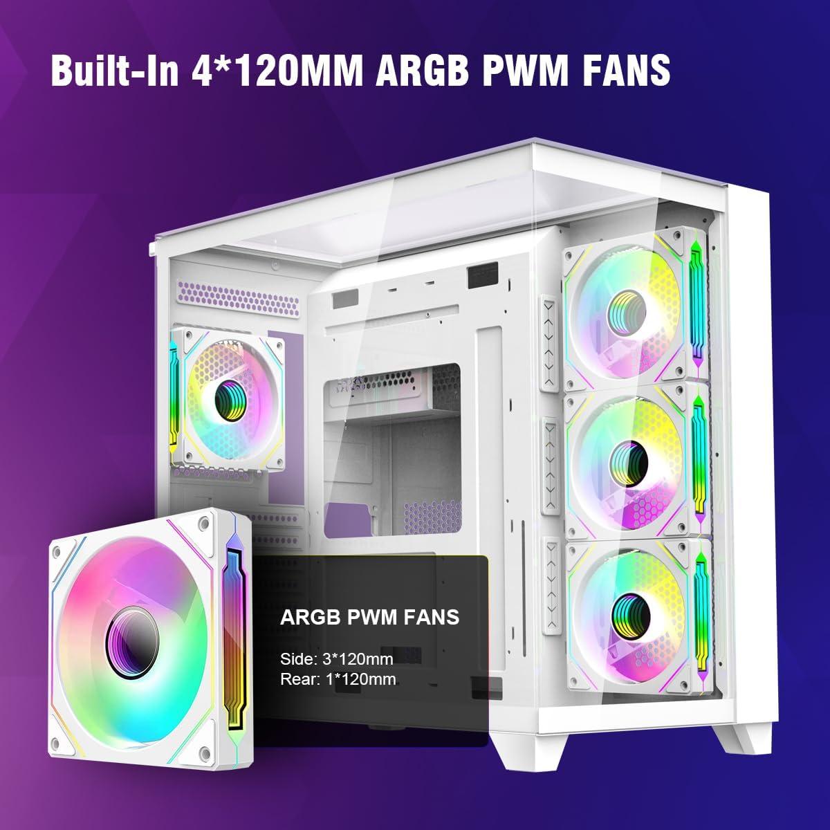 RUIX OV403 ATX Mid-Tower PC Case, Pre-Installed 4 x 120mm Prism ARGB PWM Fans and Graphics Card Holder, Three-Sided Tempered Glass Panels, USB 3.0 & Type-C Ports, Gaming Computer Case - White