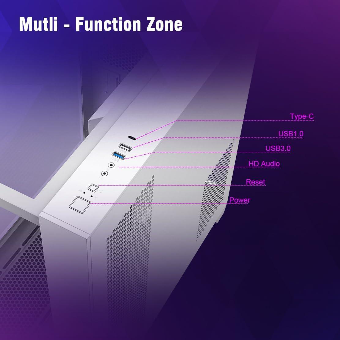 RUIX OV403 ATX Mid-Tower PC Case, Pre-Installed 4 x 120mm Prism ARGB PWM Fans and Graphics Card Holder, Three-Sided Tempered Glass Panels, USB 3.0 & Type-C Ports, Gaming Computer Case - White