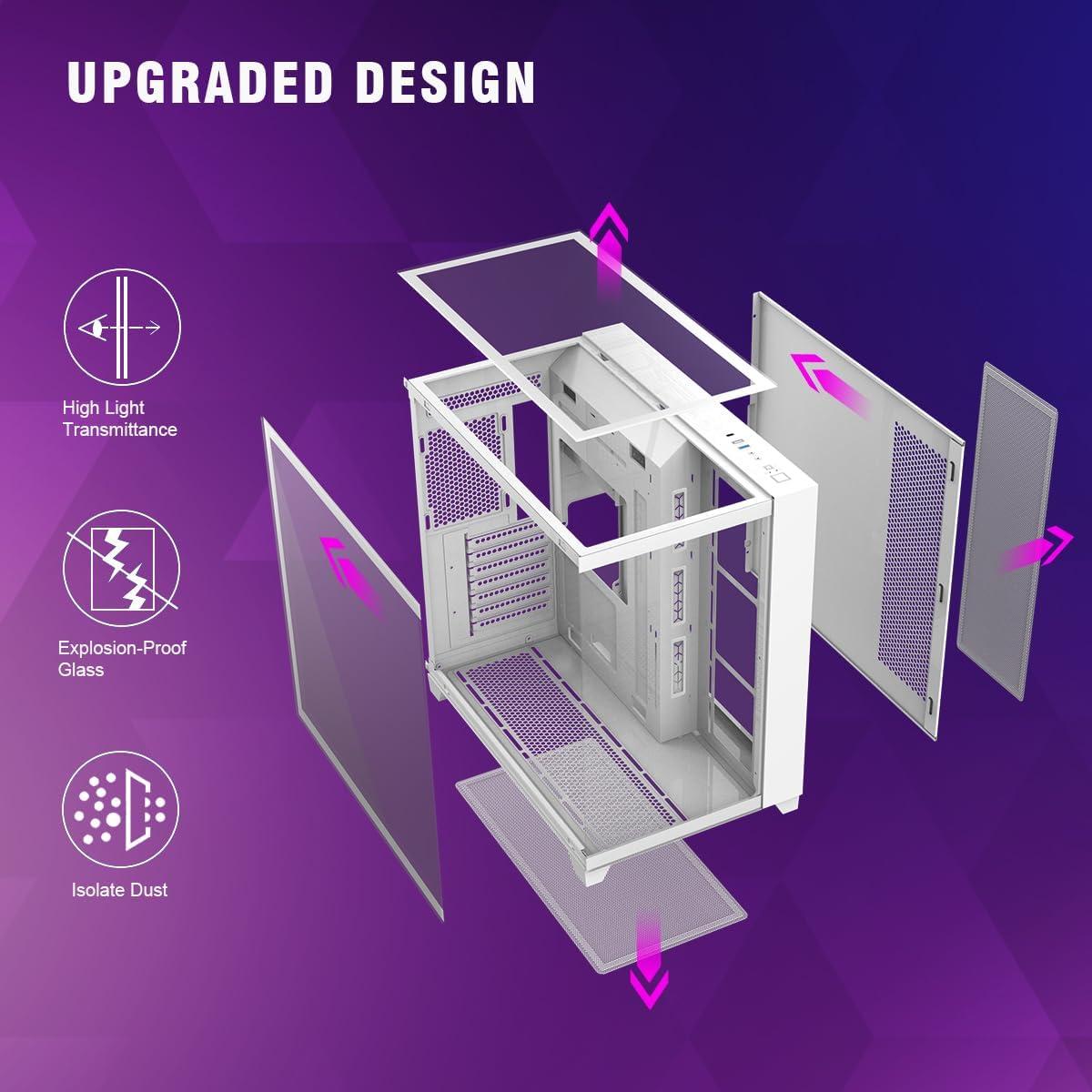RUIX OV403 ATX Mid-Tower PC Case, Pre-Installed 4 x 120mm Prism ARGB PWM Fans and Graphics Card Holder, Three-Sided Tempered Glass Panels, USB 3.0 & Type-C Ports, Gaming Computer Case - White