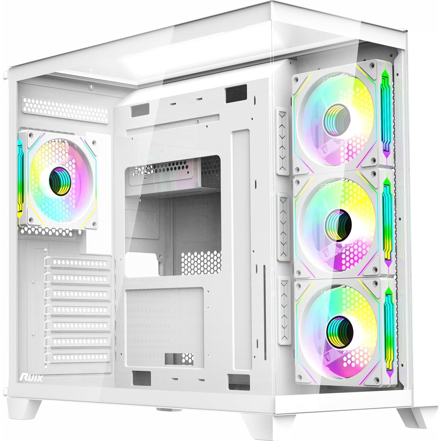 RUIX OV403 ATX Mid-Tower PC Case, Pre-Installed 4 x 120mm Prism ARGB PWM Fans and Graphics Card Holder, Three-Sided Tempered Glass Panels, USB 3.0 & Type-C Ports, Gaming Computer Case - White