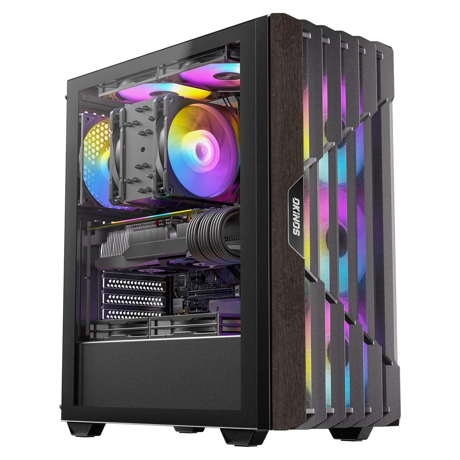Oak Wood ATX PC Case, 4 x 120mm ARGB Non-PWM Case Fans Pre-Installed, Type-C Port, Tempered Glass Side Panel, Black Mid-Tower Computer Case, Cypress 5 ARGB