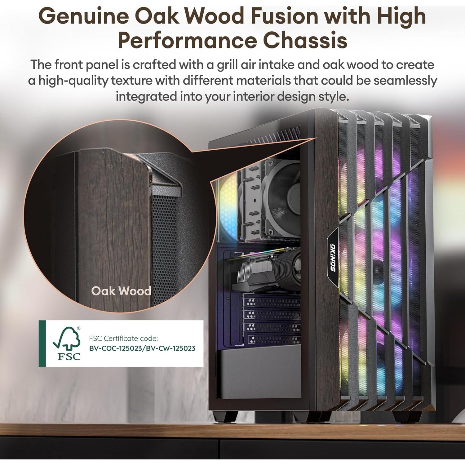 Oak Wood ATX PC Case, 4 x 120mm ARGB Non-PWM Case Fans Pre-Installed, Type-C Port, Tempered Glass Side Panel, Black Mid-Tower Computer Case, Cypress 5 ARGB