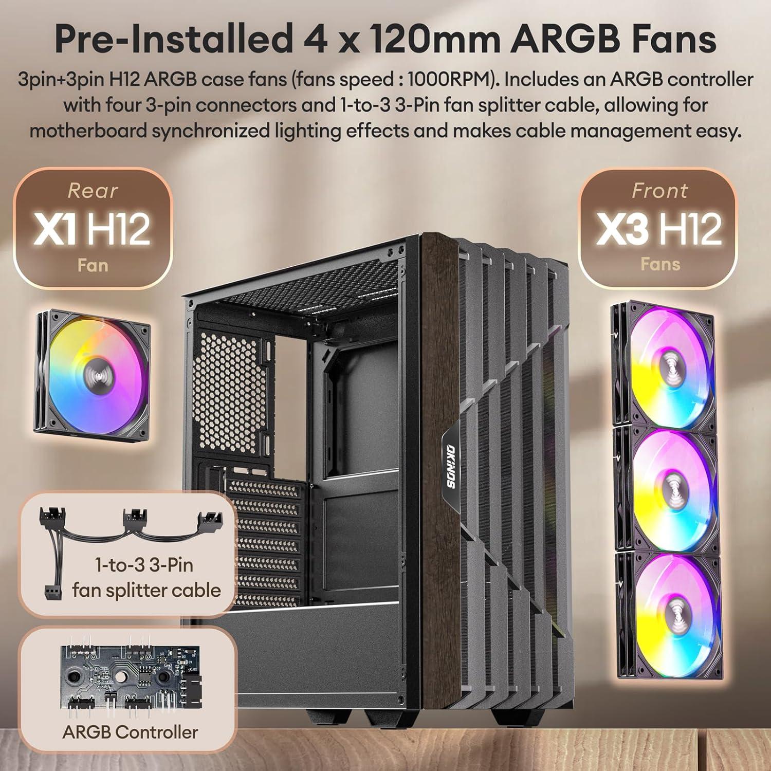 Oak Wood ATX PC Case, 4 x 120mm ARGB Non-PWM Case Fans Pre-Installed, Type-C Port, Tempered Glass Side Panel, Black Mid-Tower Computer Case, Cypress 5 ARGB