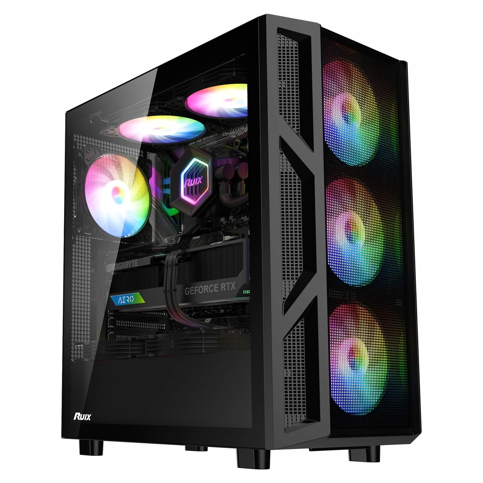 RUIX CV103 ATX Mid-Tower PC Case, Pre-Installed 4 x 120mm RGB Fans, RGB Color Lighting, Tempered Glass, USB 3.0, Gaming Computer Case, High-Airflow - Black