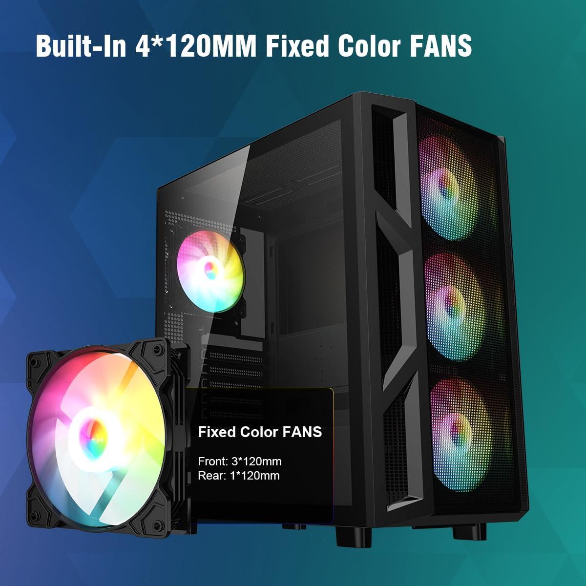 RUIX CV103 ATX Mid-Tower PC Case, Pre-Installed 4 x 120mm RGB Fans, RGB Color Lighting, Tempered Glass, USB 3.0, Gaming Computer Case, High-Airflow - Black