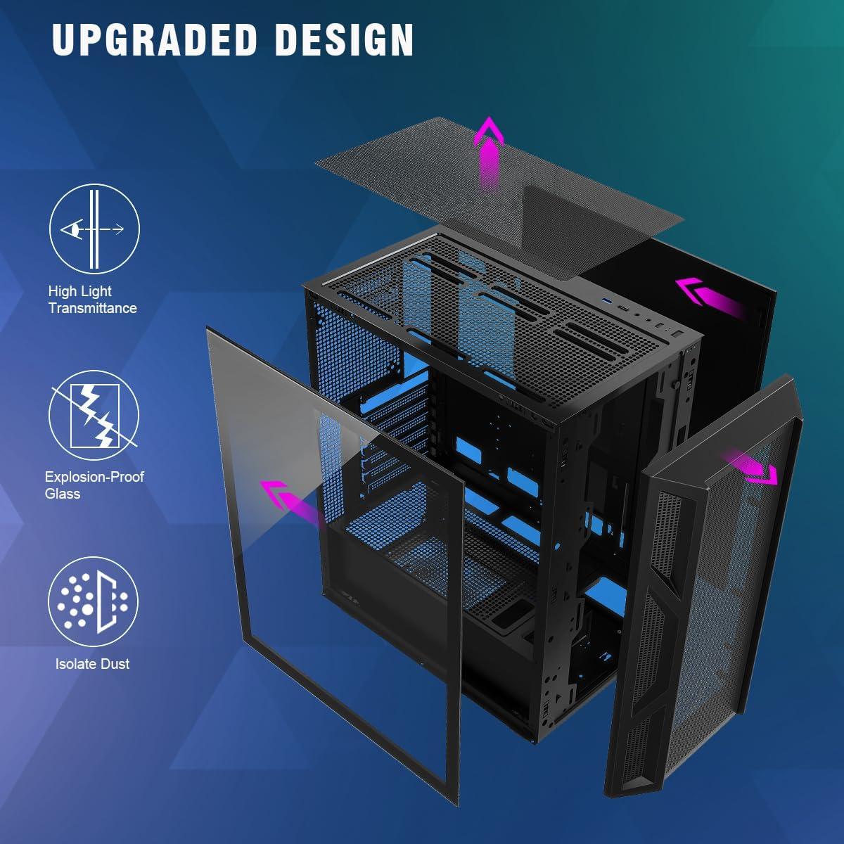 RUIX CV103 ATX Mid-Tower PC Case, Pre-Installed 4 x 120mm RGB Fans, RGB Color Lighting, Tempered Glass, USB 3.0, Gaming Computer Case, High-Airflow - Black