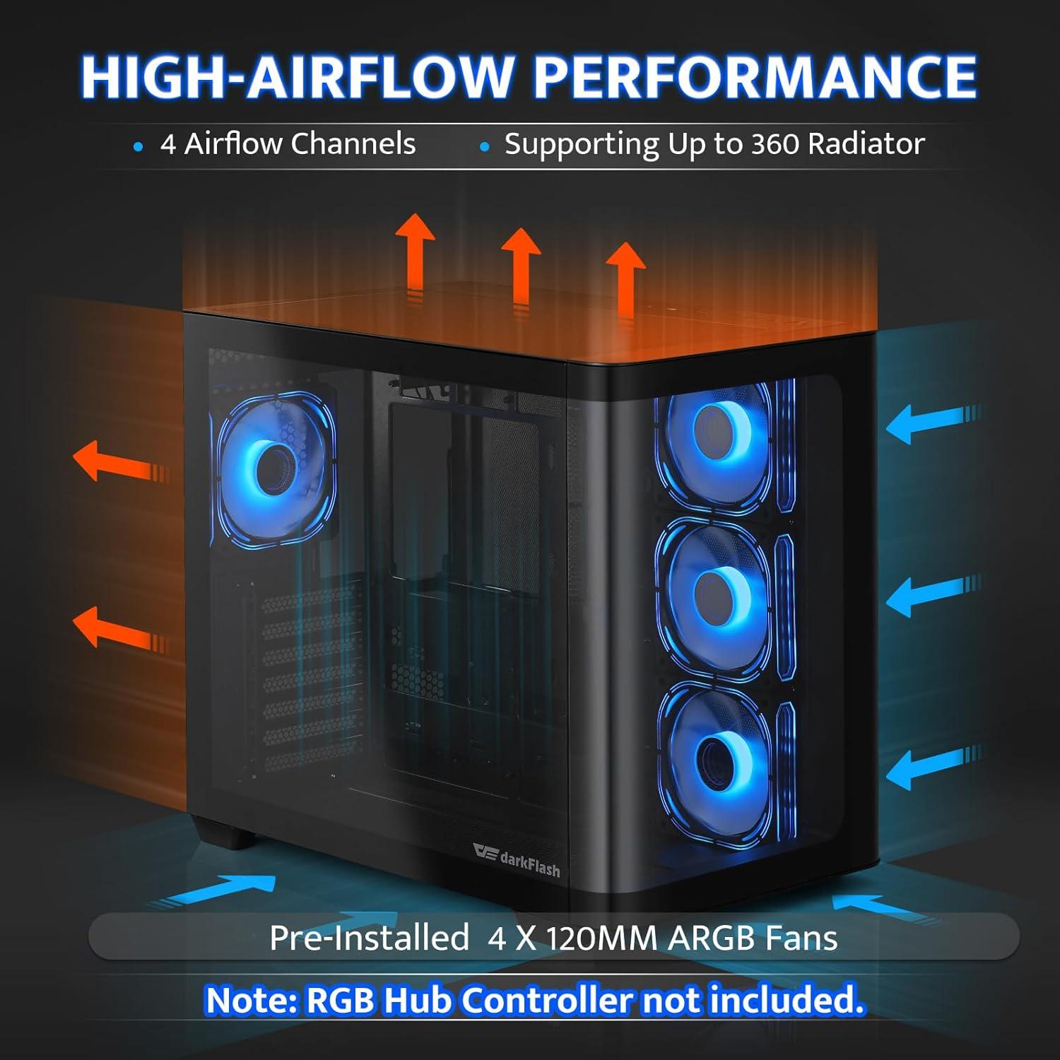 Caja de PC Gaming darkFlash DPW90 ATX con 4 Ventiladores ARGB