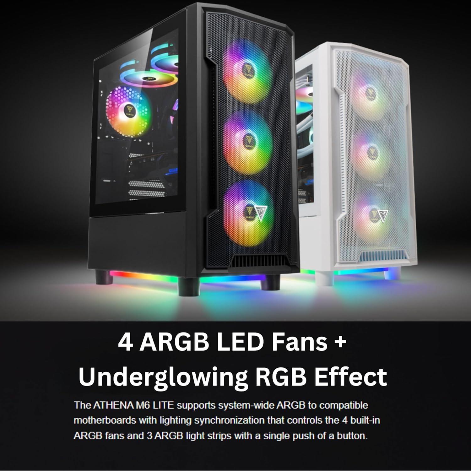 GAMDIAS ATX Mid Tower Gaming Computer PC Case with Side Tempered Glass, 4X 120mm ARGB Case Fans and Sync with 5V RGB Motherboard