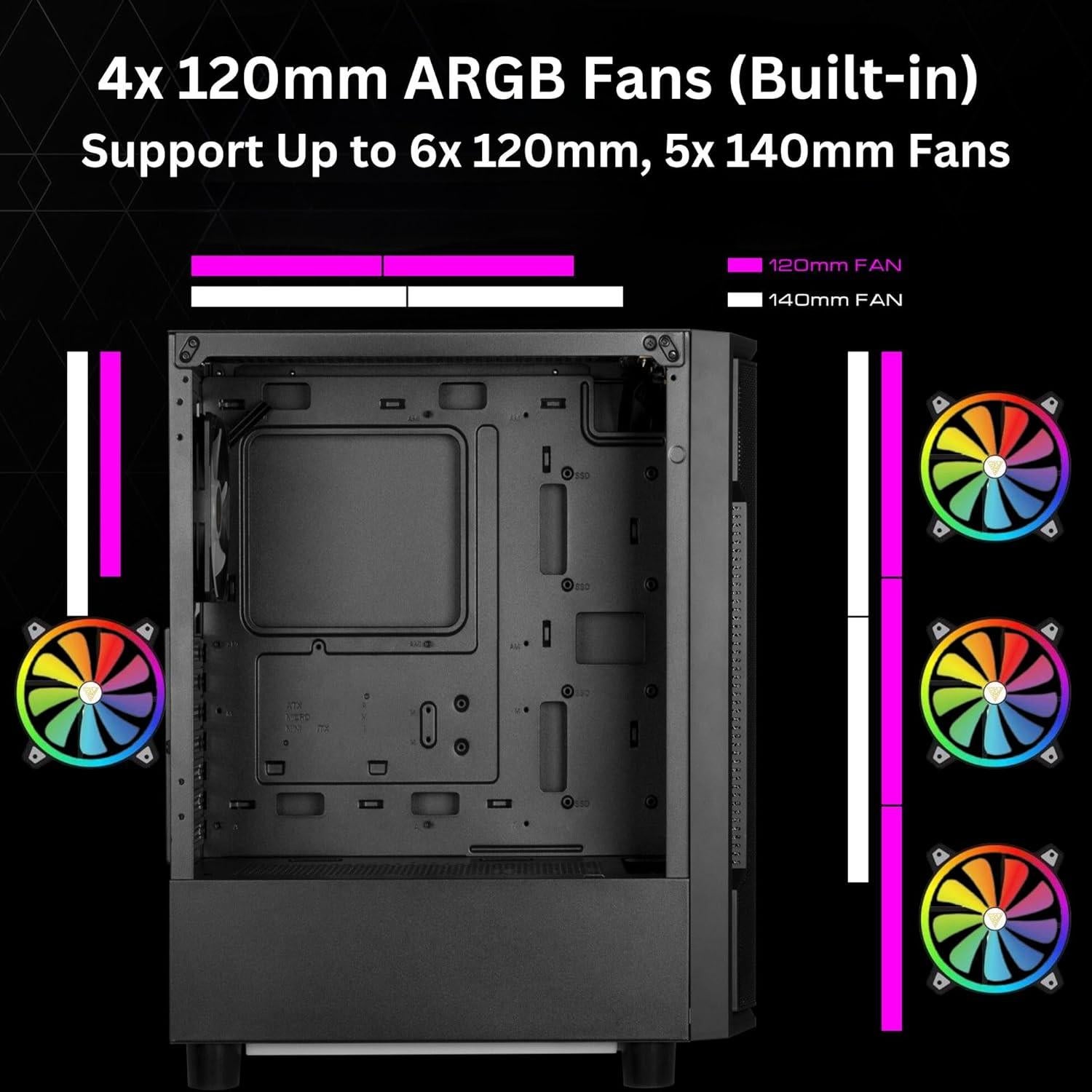 GAMDIAS ATX Mid Tower Gaming Computer PC Case with Side Tempered Glass, 4X 120mm ARGB Case Fans and Sync with 5V RGB Motherboard