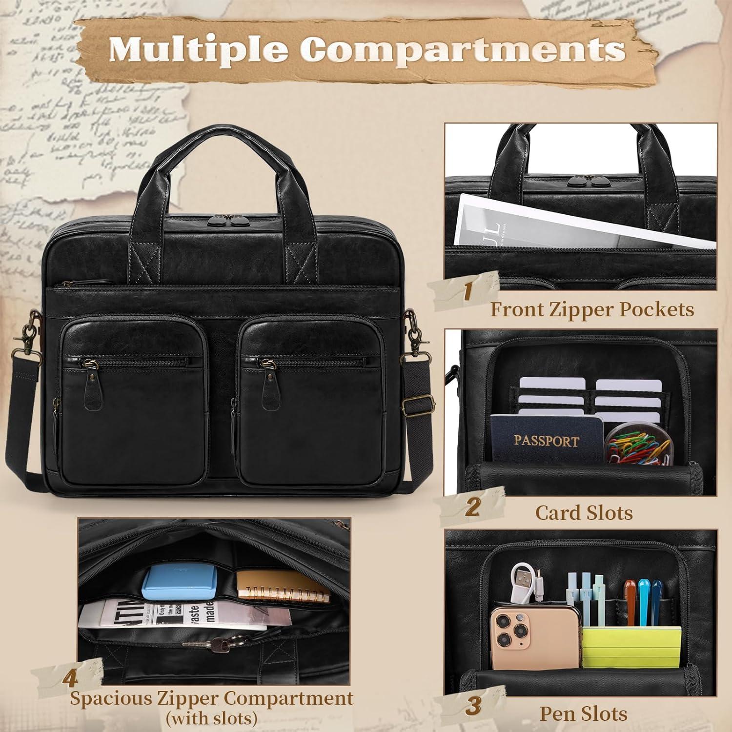 Bolsa Mensajera Vintage RAINSMORE de Cuero Vegano 15.6" Negra