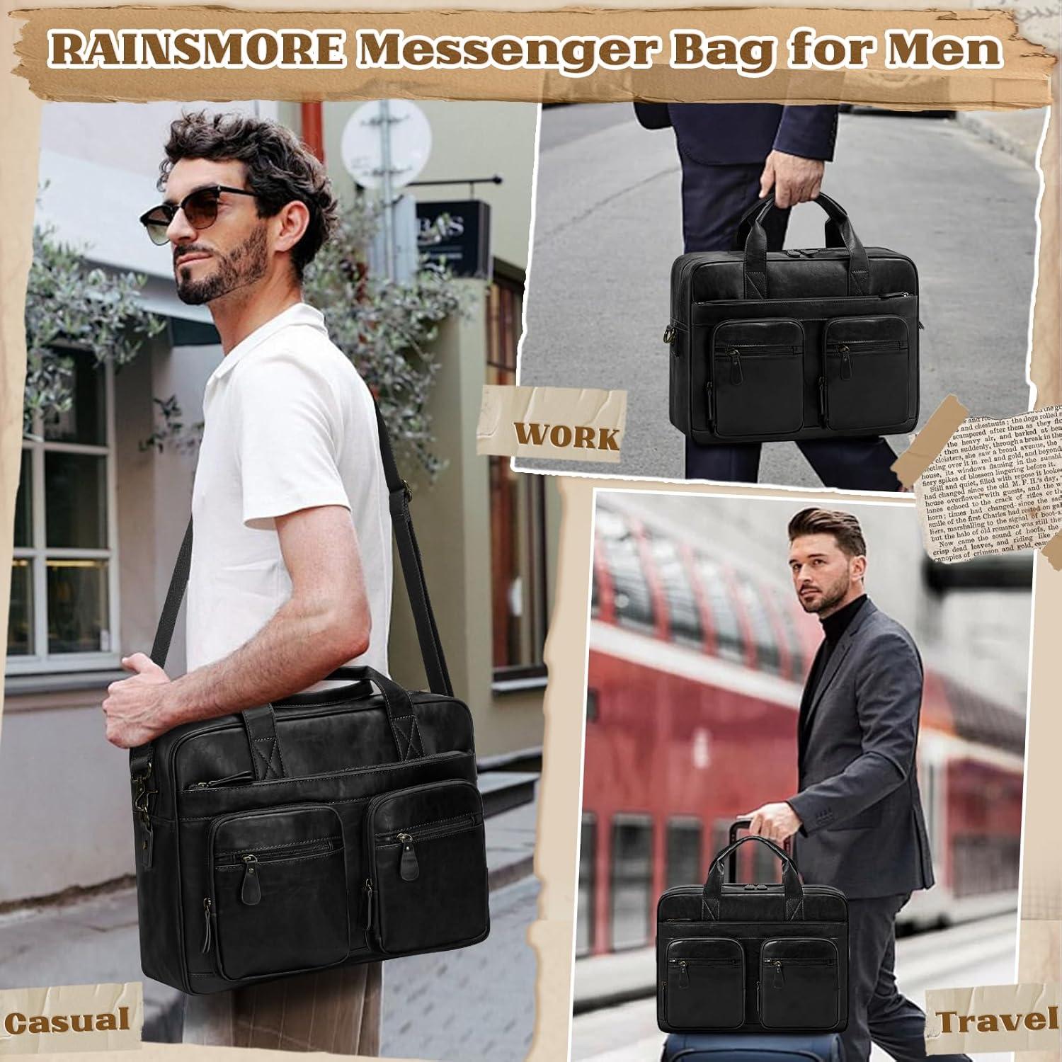 Bolsa Mensajera Vintage RAINSMORE de Cuero Vegano 15.6" Negra