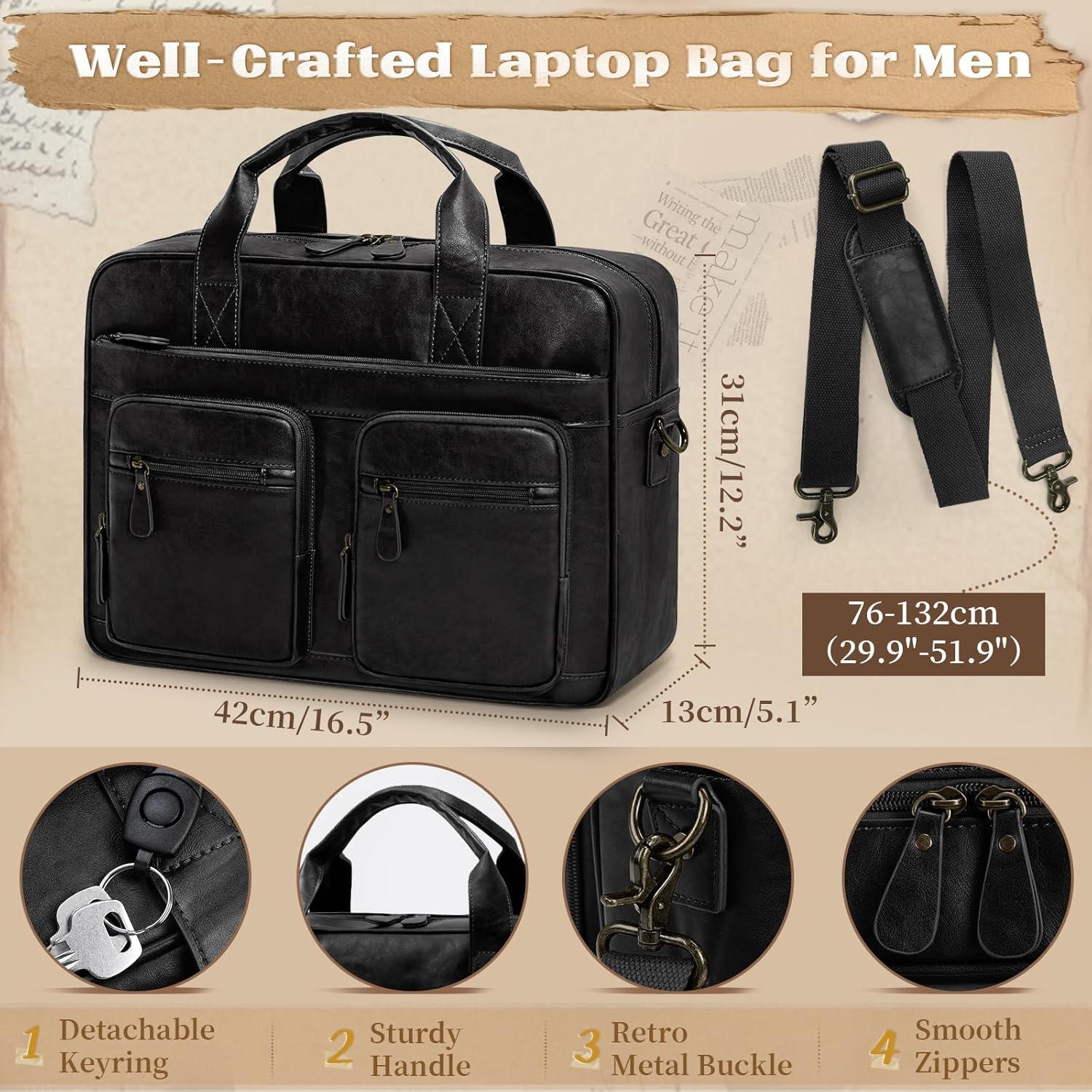 Bolsa Mensajera Vintage RAINSMORE de Cuero Vegano 15.6" Negra