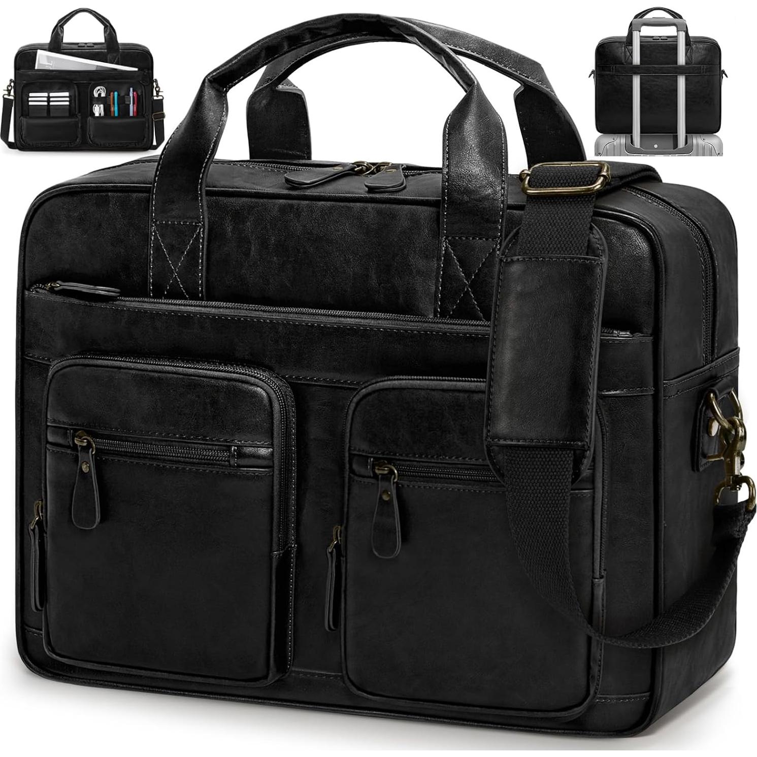 Bolsa Mensajera Vintage RAINSMORE de Cuero Vegano 15.6" Negra