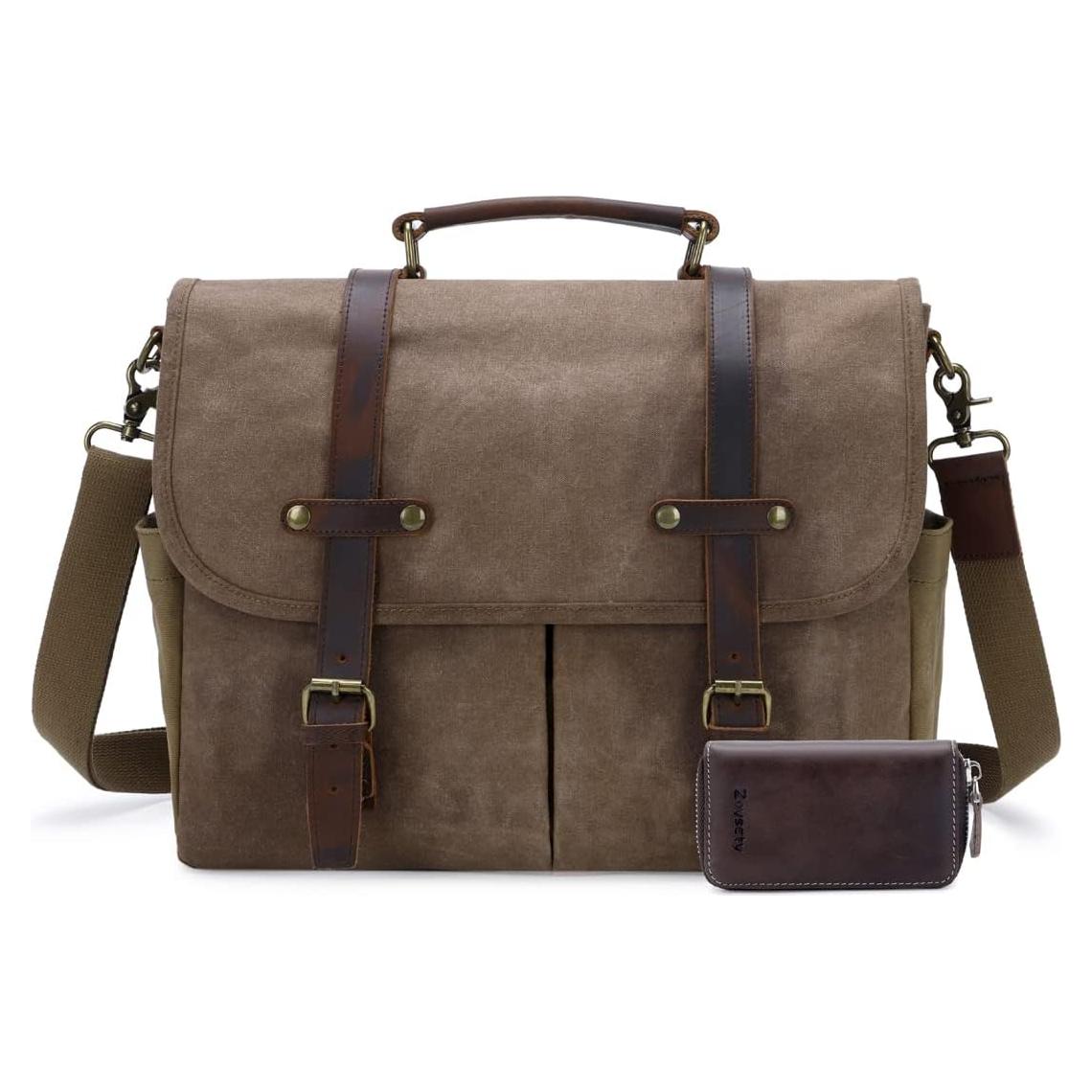 Bolsa Mensajera de Cuero y Lona Impermeable para Laptop 15.6"