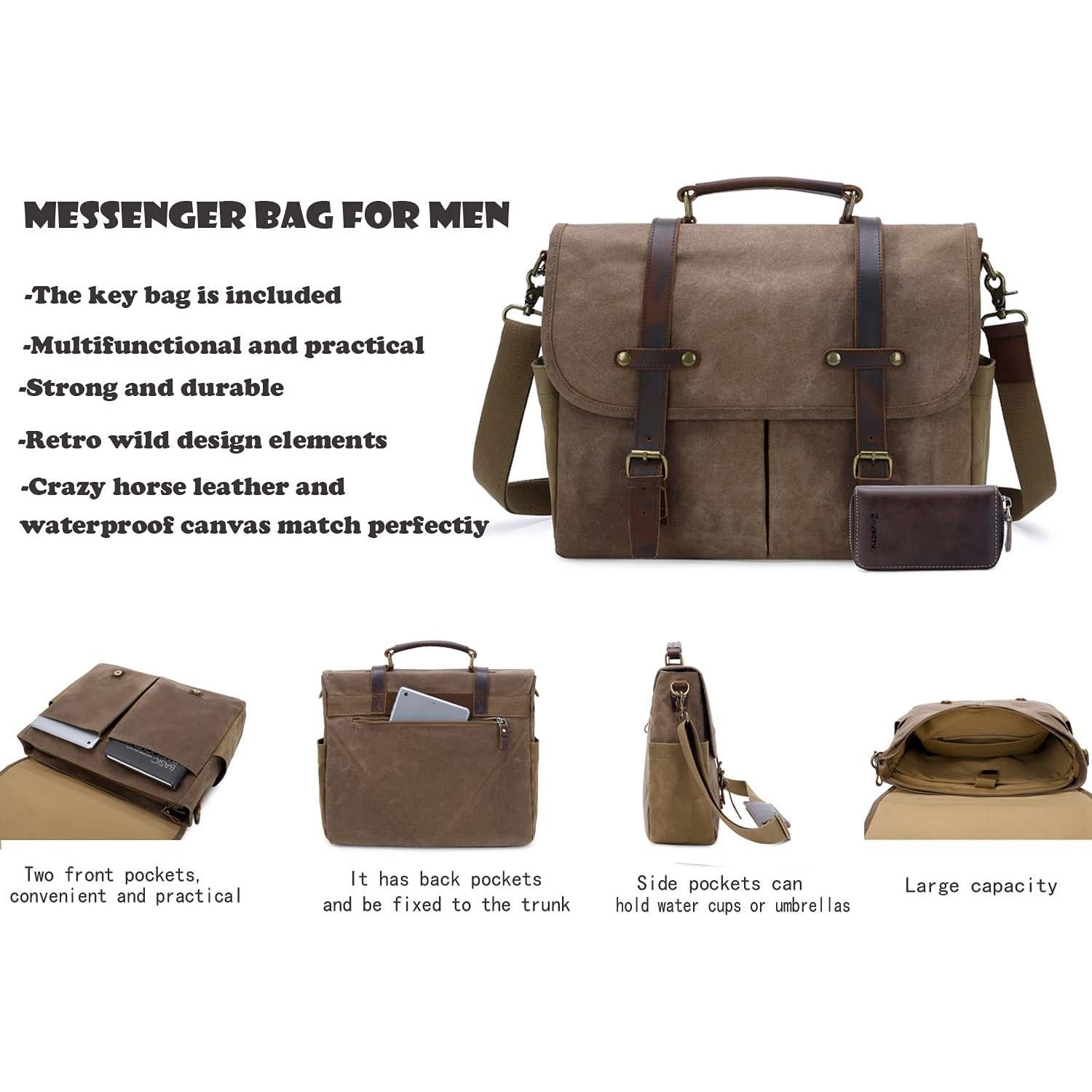 Bolsa Mensajera de Cuero y Lona Impermeable para Laptop 15.6"