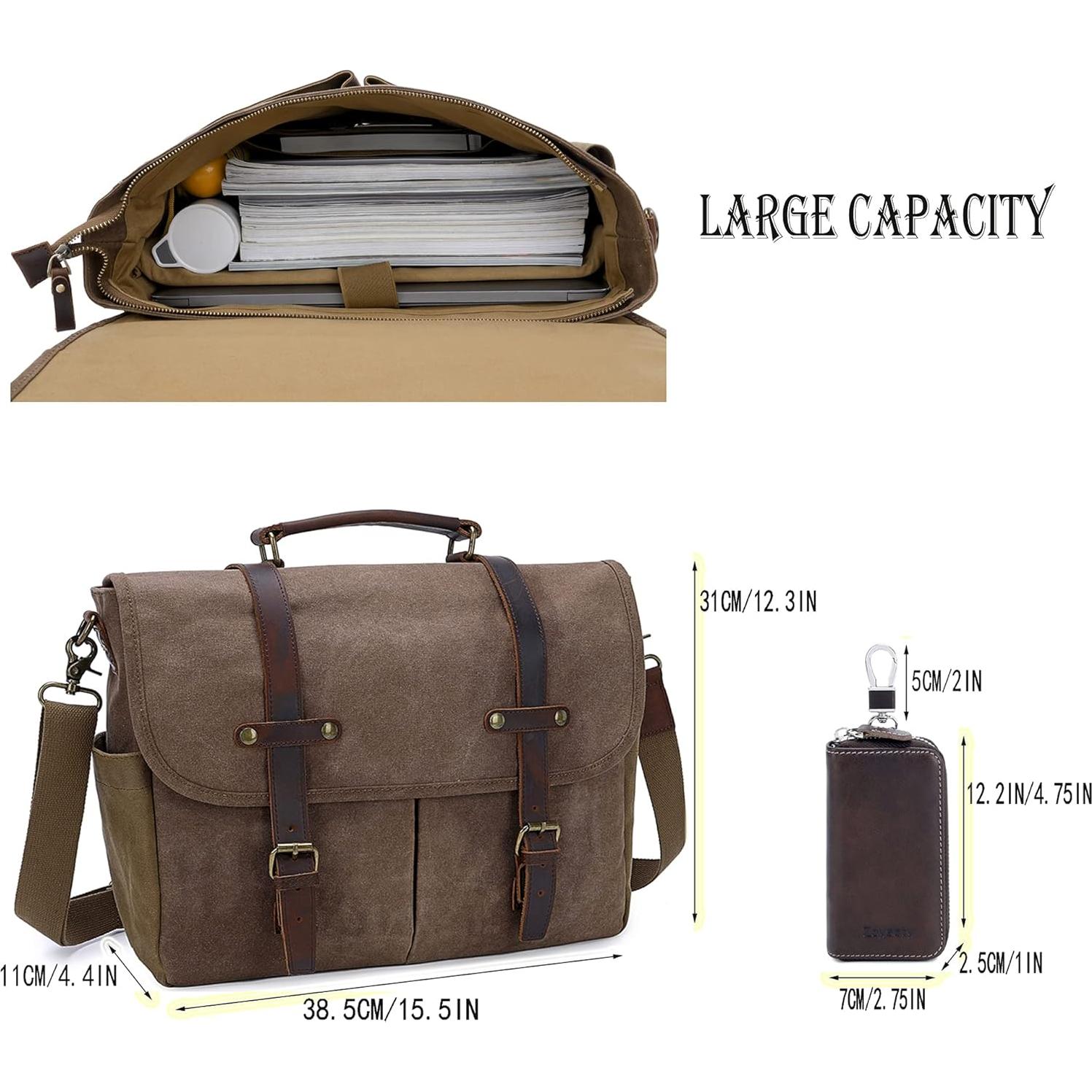 Bolsa Mensajera de Cuero y Lona Impermeable para Laptop 15.6"