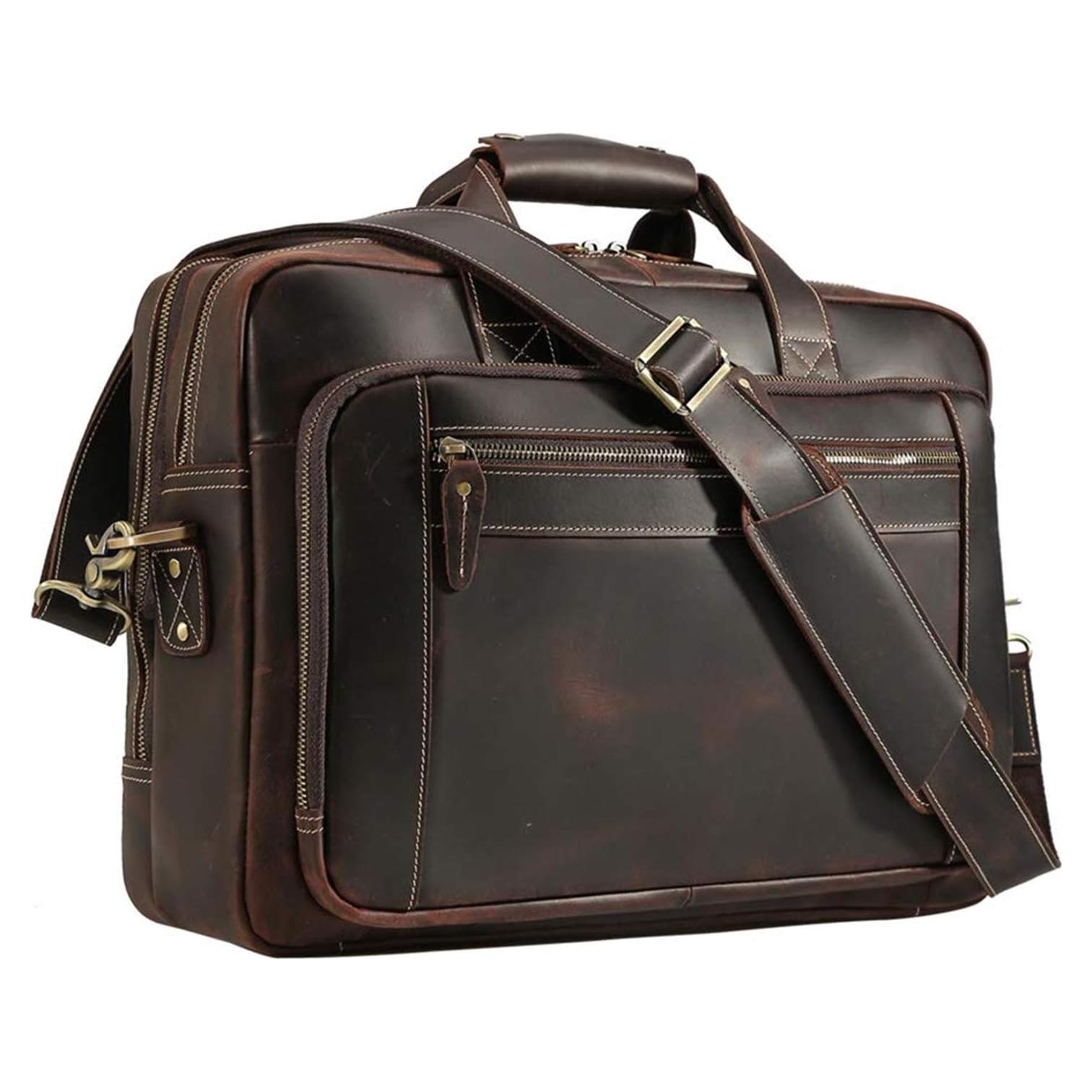 Vintage Full Grain Leather Briefcase for Men Fits 17" Laptop Business Travel Messenger Crossbody Shoulder Bags