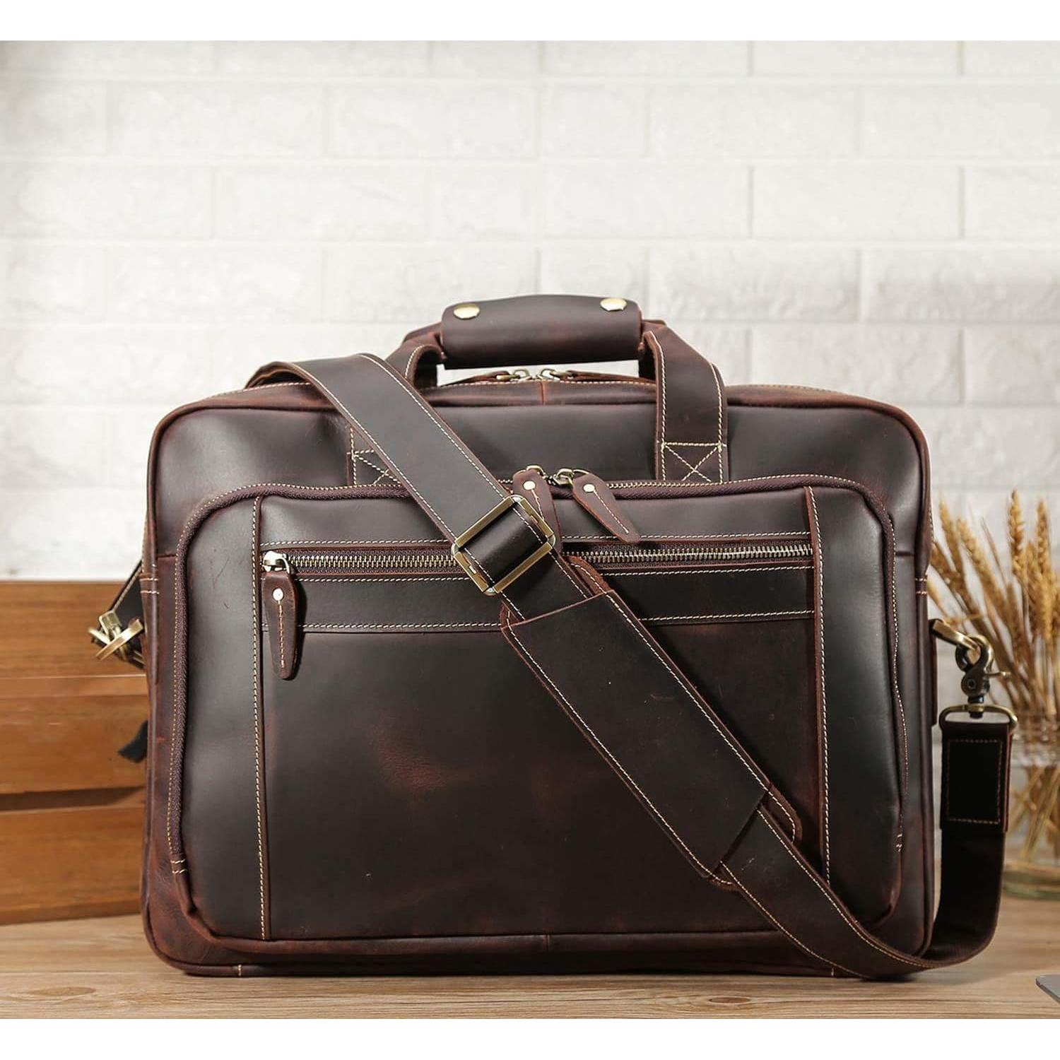 Vintage Full Grain Leather Briefcase for Men Fits 17" Laptop Business Travel Messenger Crossbody Shoulder Bags