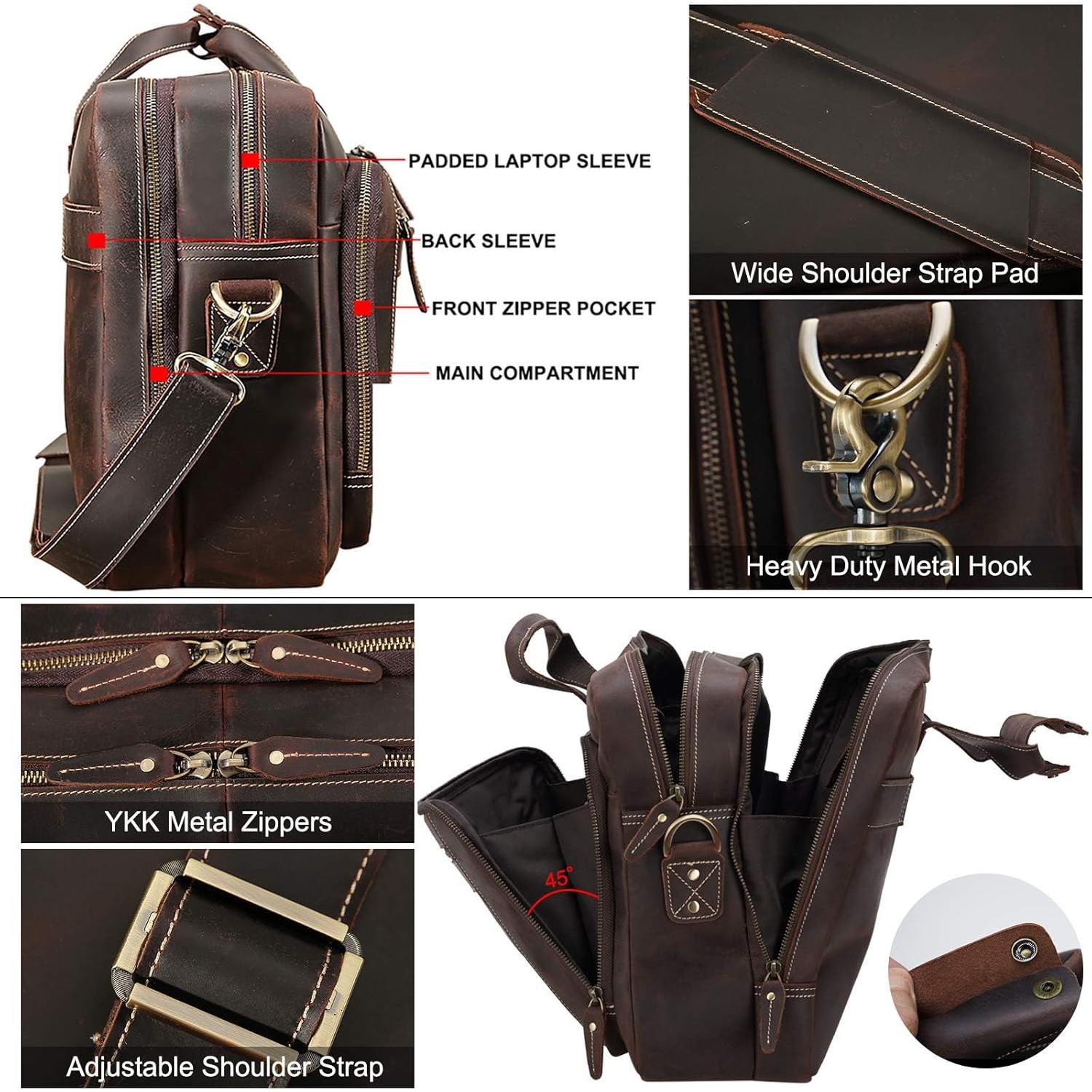 Vintage Full Grain Leather Briefcase for Men Fits 17" Laptop Business Travel Messenger Crossbody Shoulder Bags